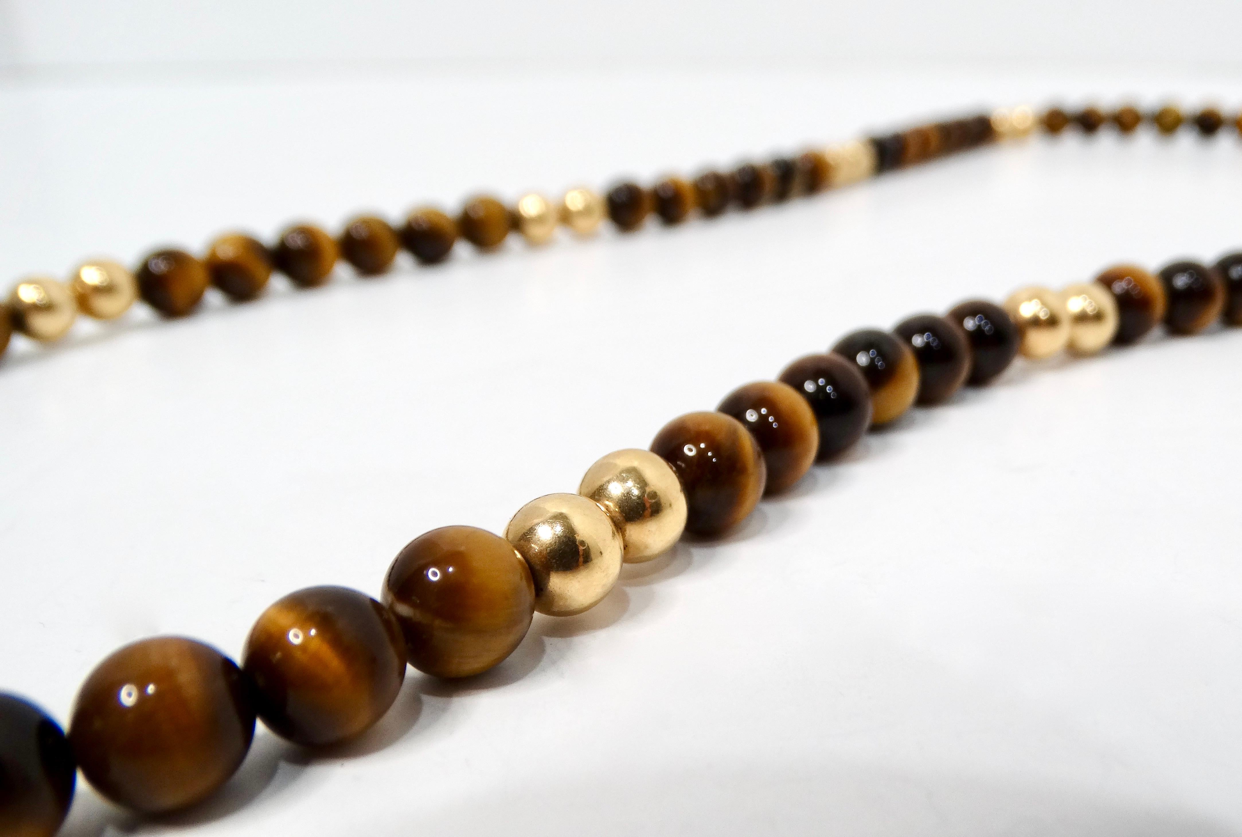 da uomo o donna Collana di perline con occhio di tigre e oro giallo 14k degli anni '80 in vendita