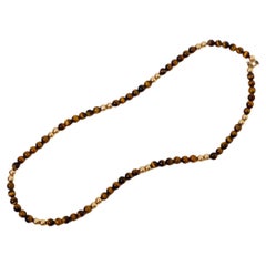 1980s Tiger's Eye & 14k Yellow Gold Beaded Necklace