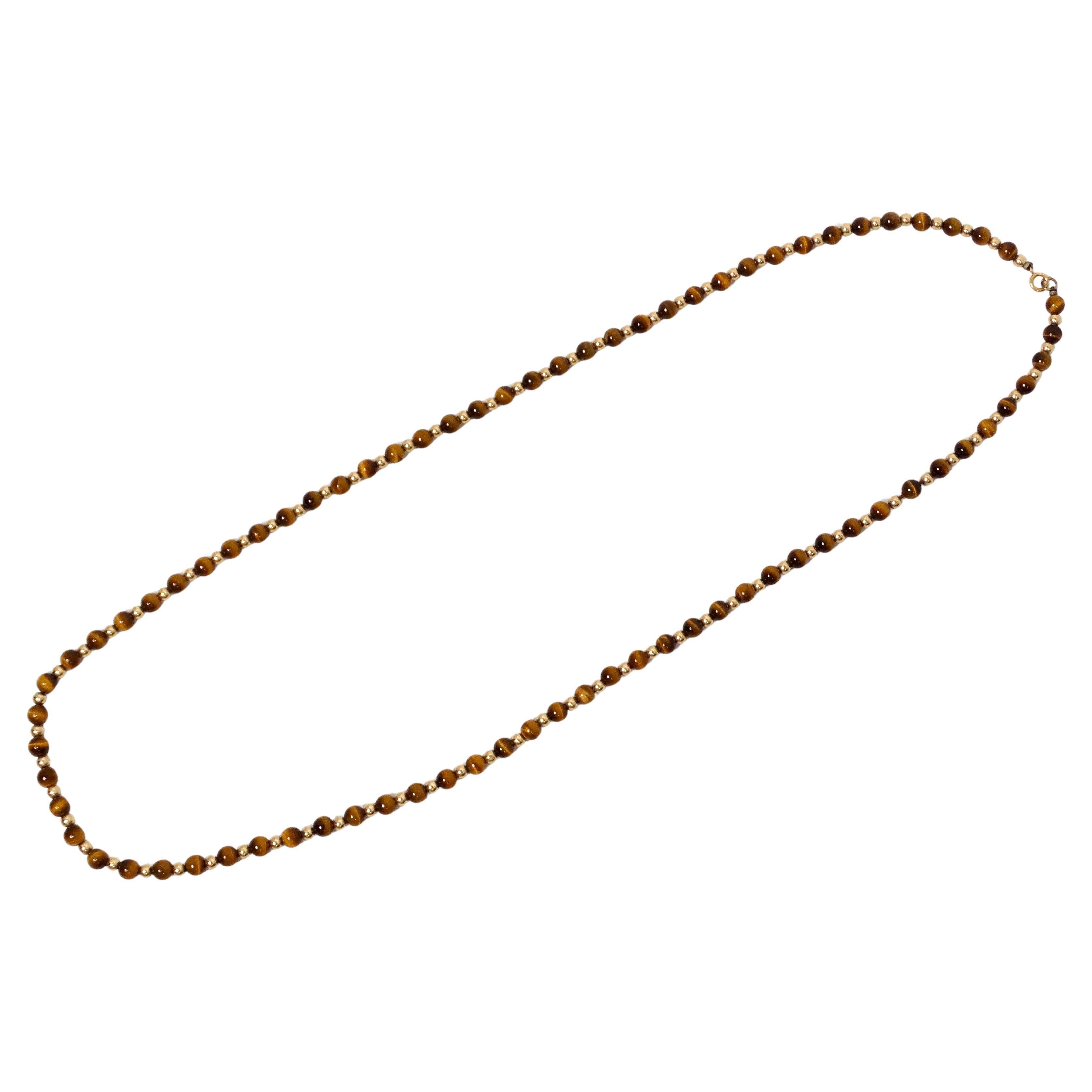 1980s Tiger's Eye and 14k Yellow Gold Long Beaded Necklace