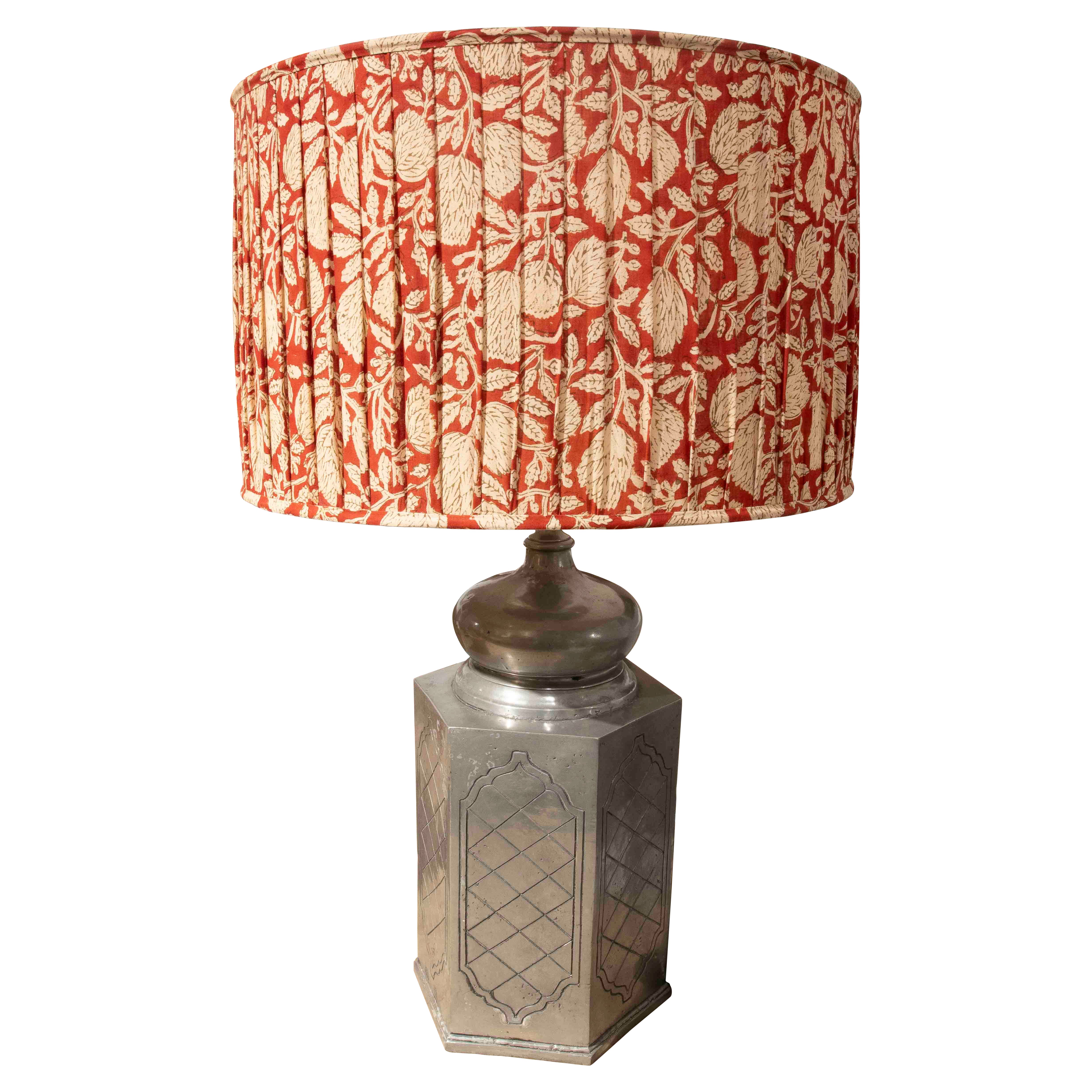 1980er Zinn-Lampe mit Blumendruck-Schirm