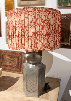 1980s Tin Lamp with Floral Print Shade