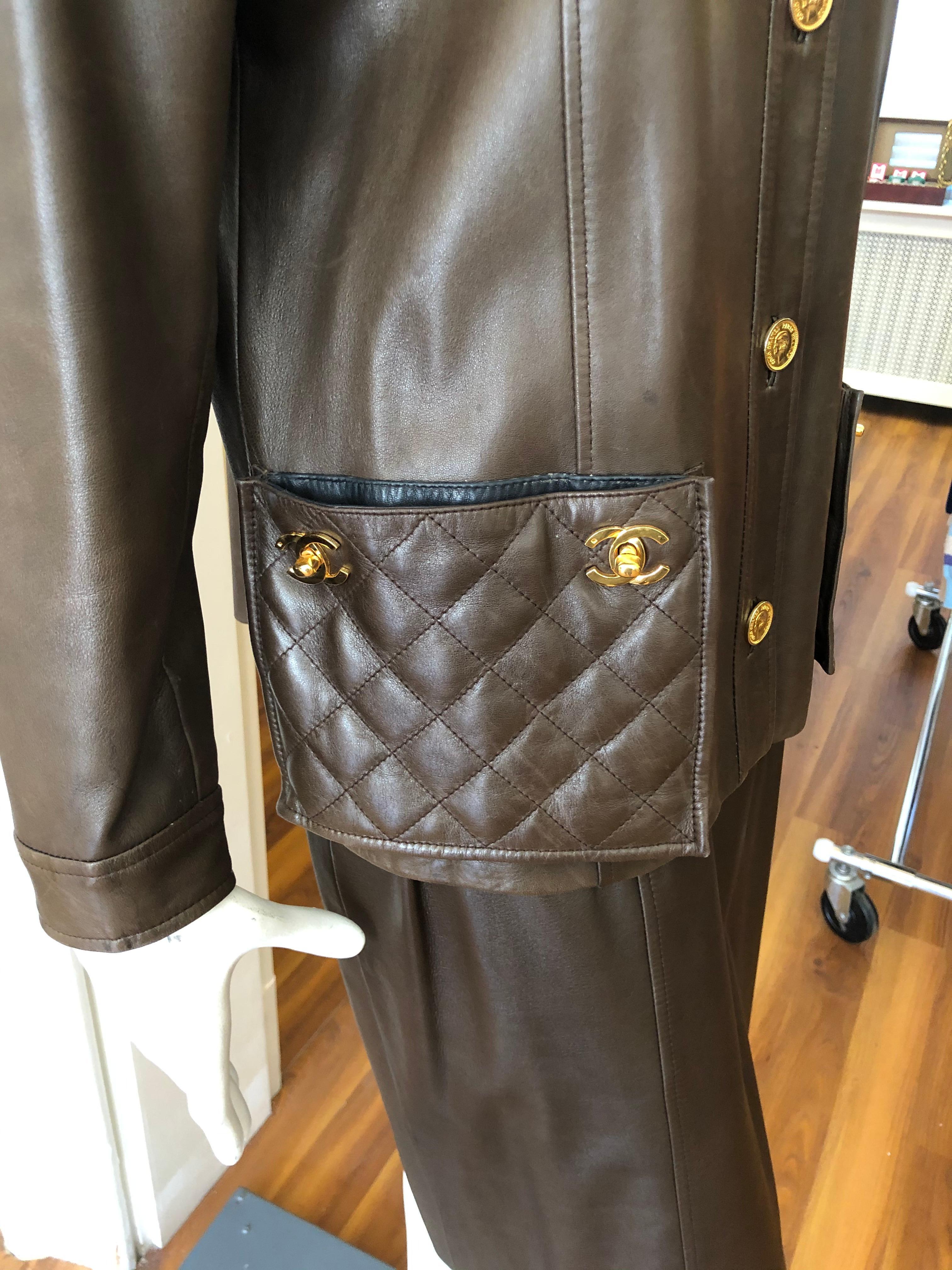 1980s Tobacco Leather Chanel Suit (42) 1