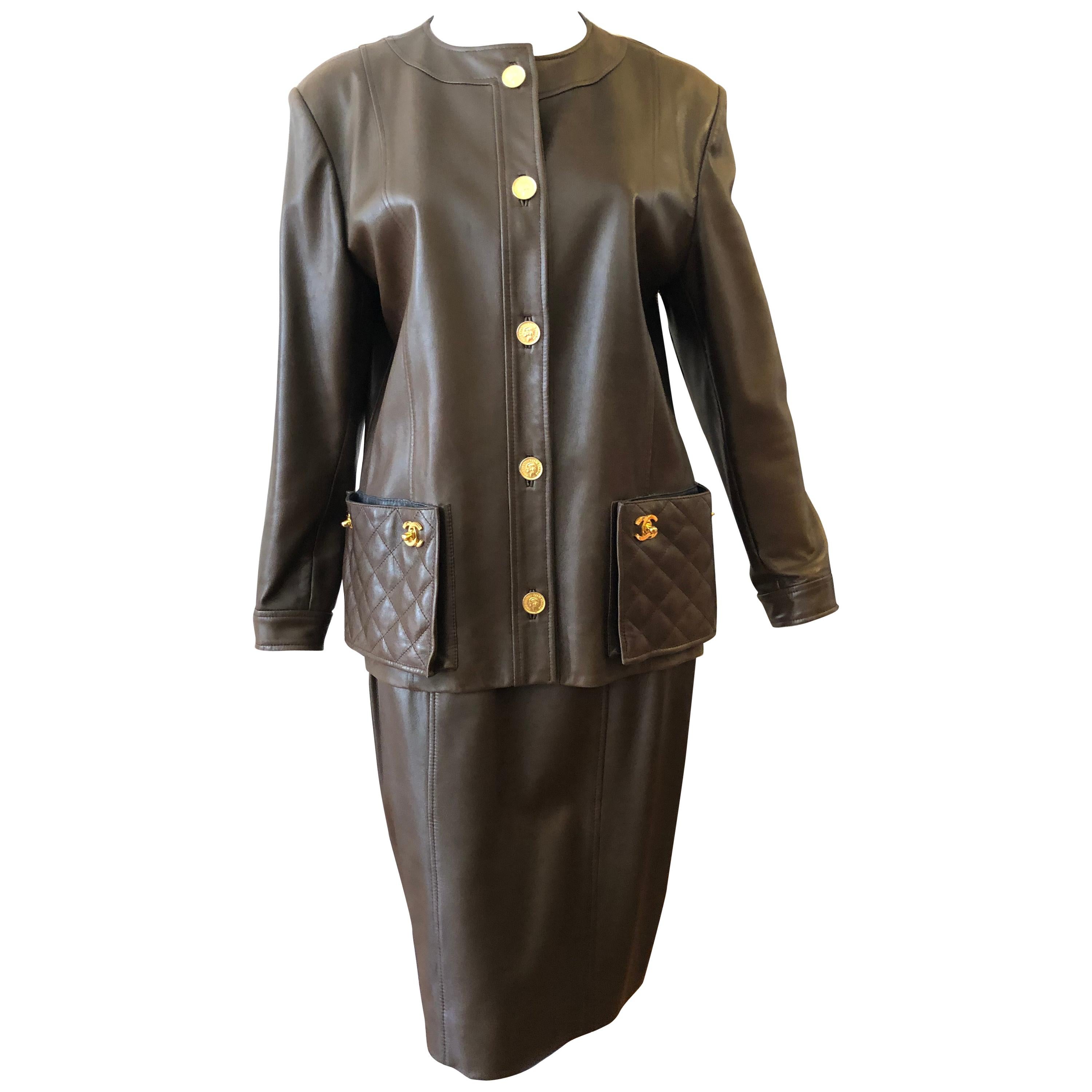 1980s Tobacco Leather Chanel Suit (42)