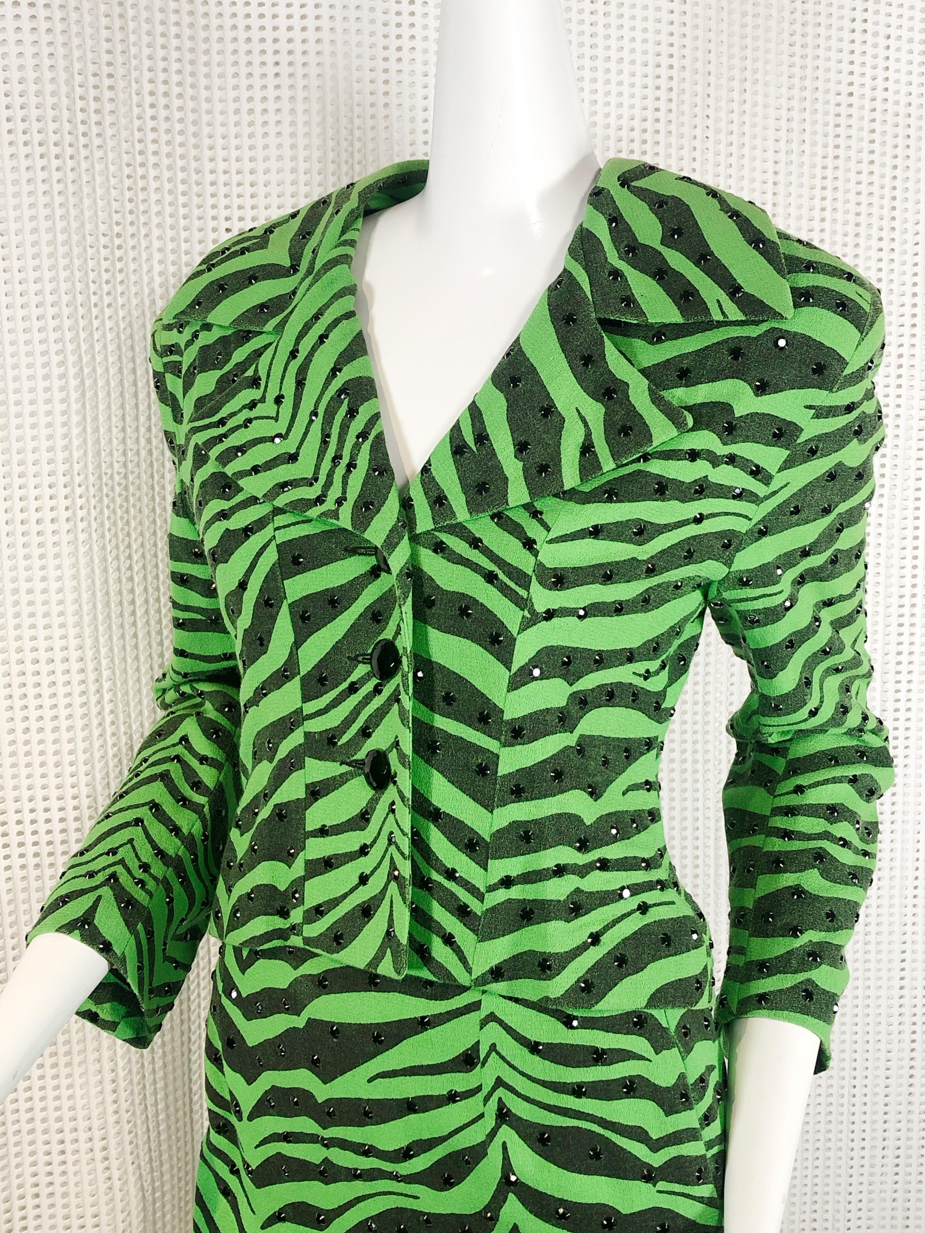 Women's 1980s Todd Oldham Electric Zebra Print Suit w/ Black Rhinestone Studs