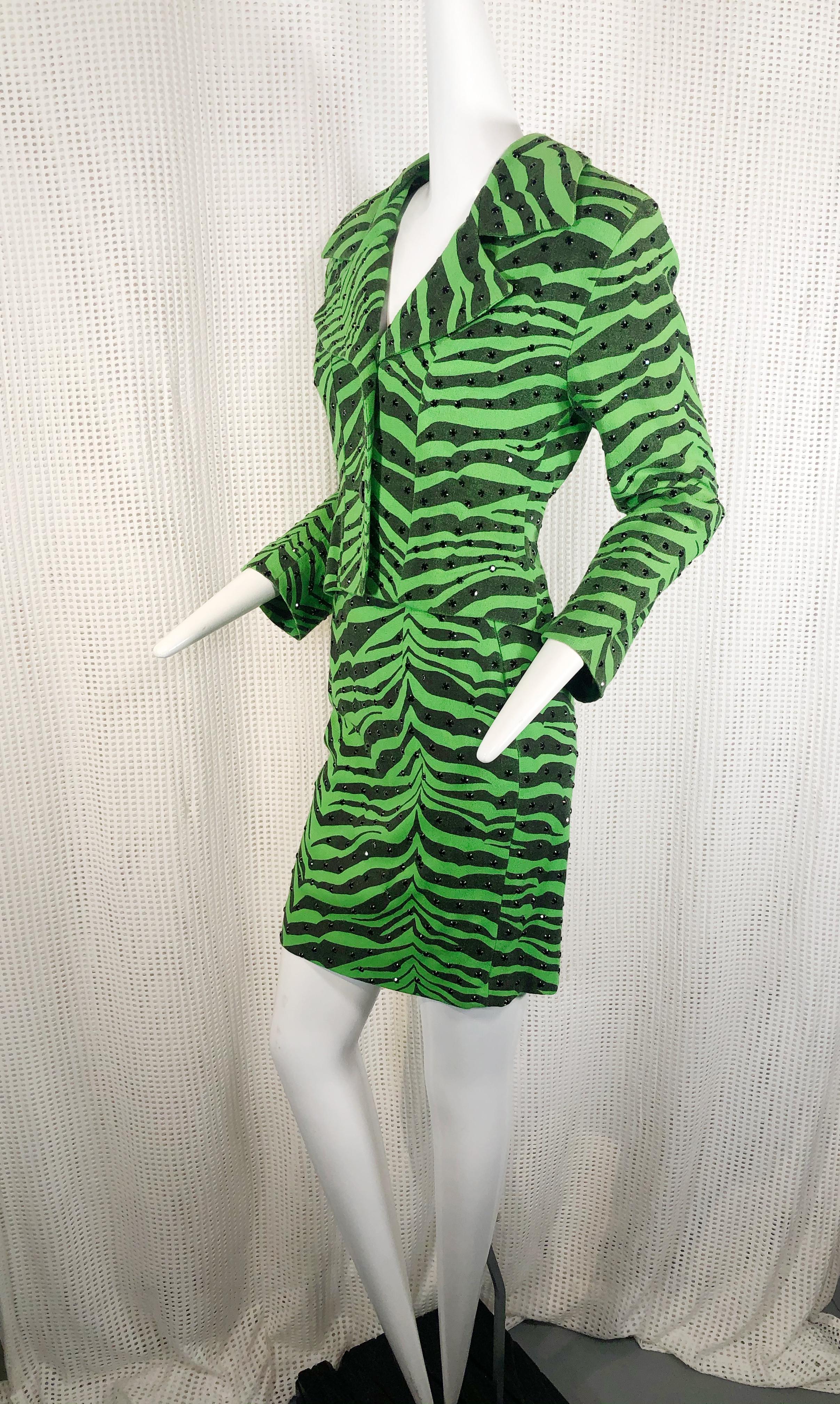 1980s Todd Oldham Electric Zebra Print Suit w/ Black Rhinestone Studs In Excellent Condition In Gresham, OR