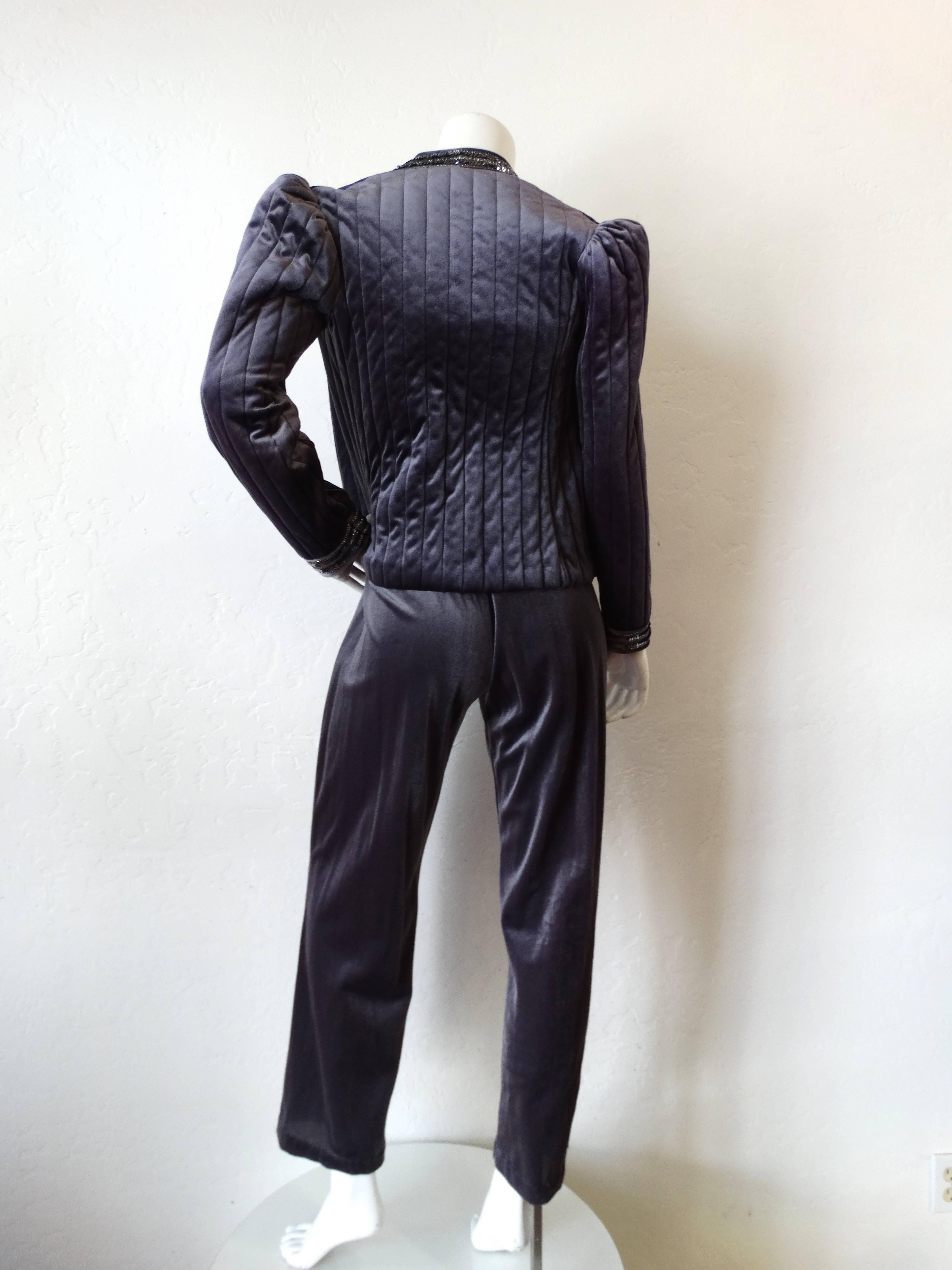 1980s Tom Bezduda Grey Velvet Jumpsuit & Jacket Set  In Excellent Condition In Scottsdale, AZ