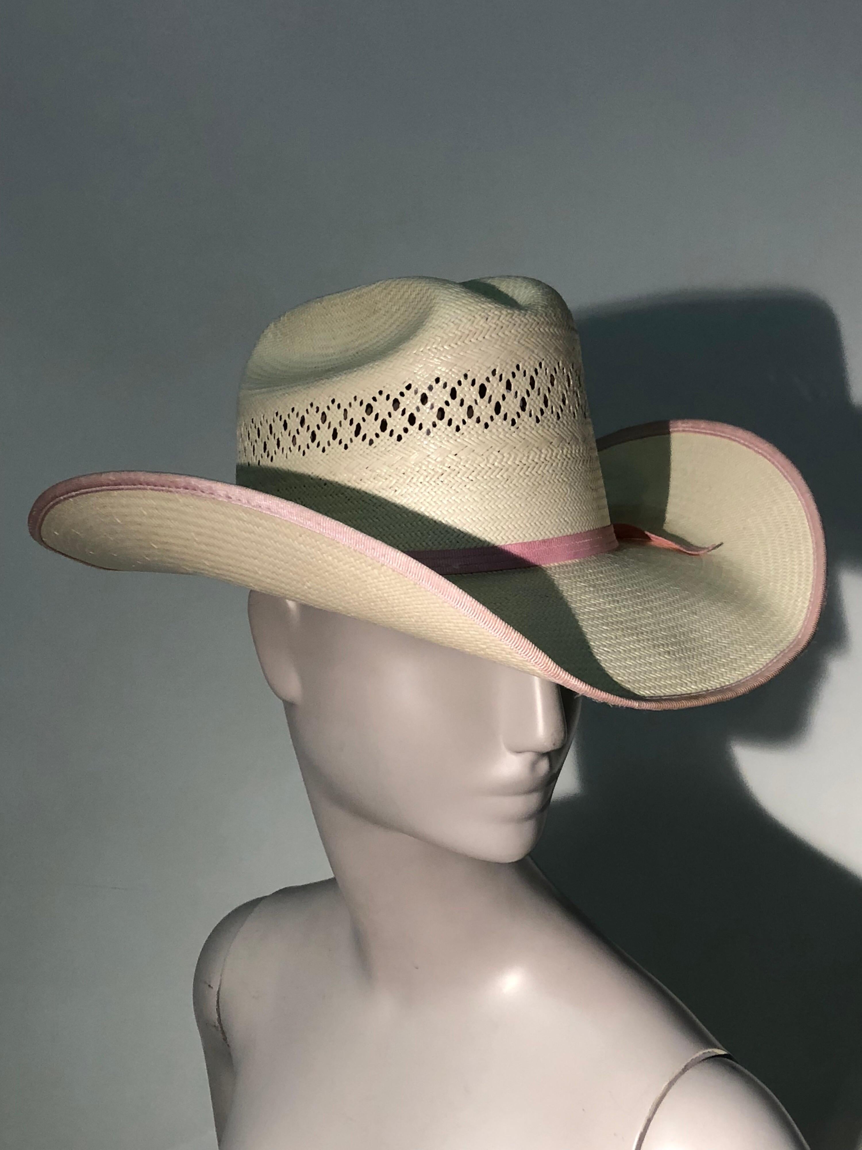 1980s Tony Lama Structured Straw Cowgirl Hat W/ Pink Ribbon Edging & Band For Sale 3