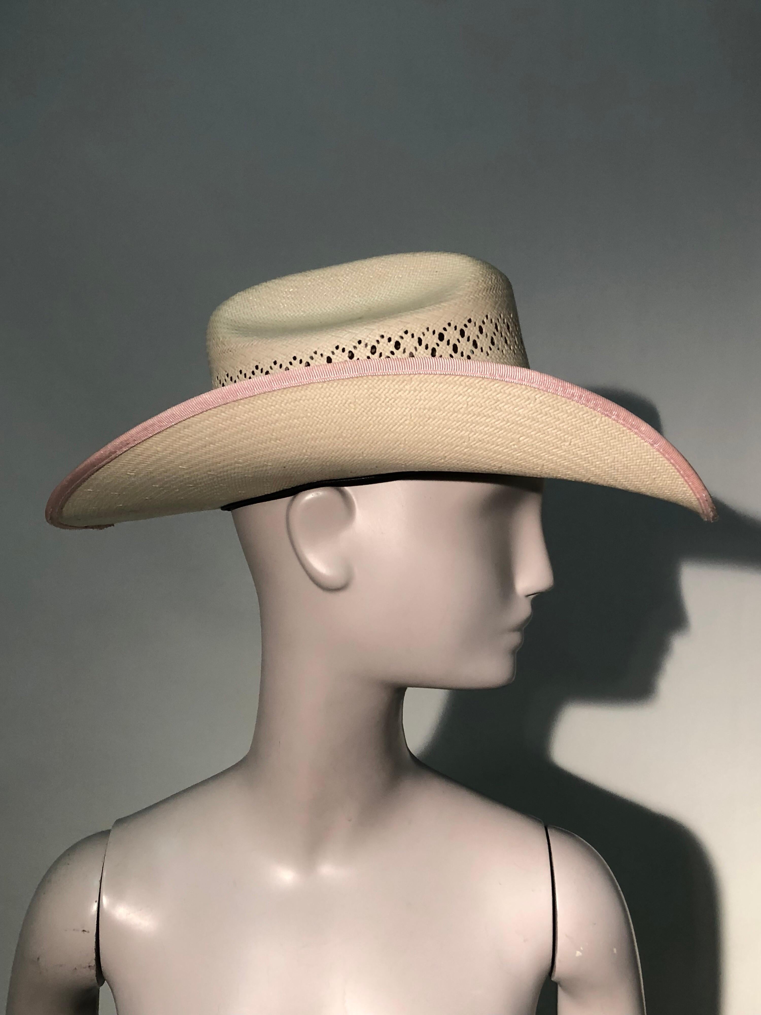 1980s Tony Lama Structured Straw Cowgirl Hat W/ Pink Ribbon Edging & Band For Sale 4