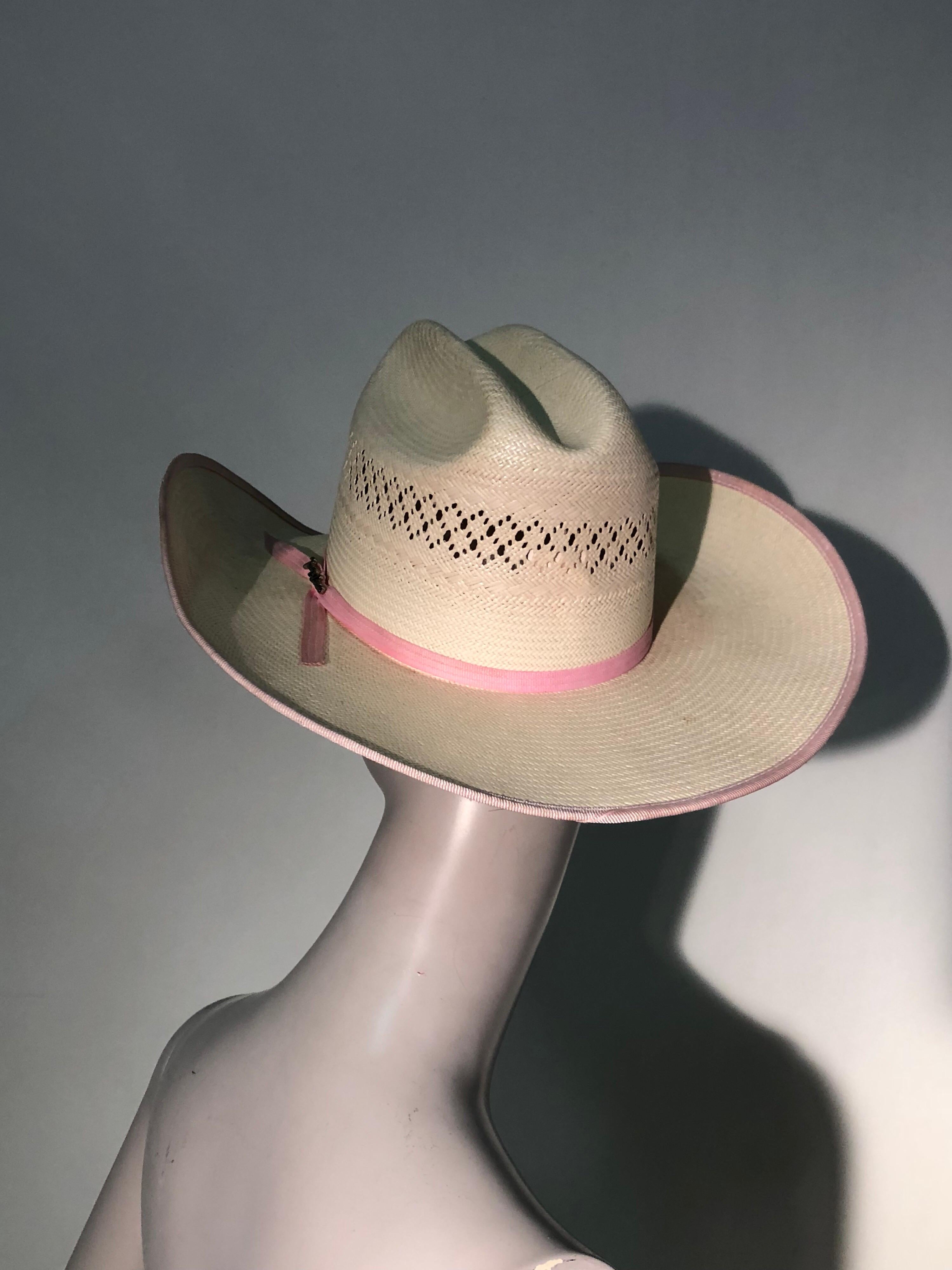 1980s Tony Lama Structured Straw Cowgirl Hat W/ Pink Ribbon Edging & Band For Sale 6