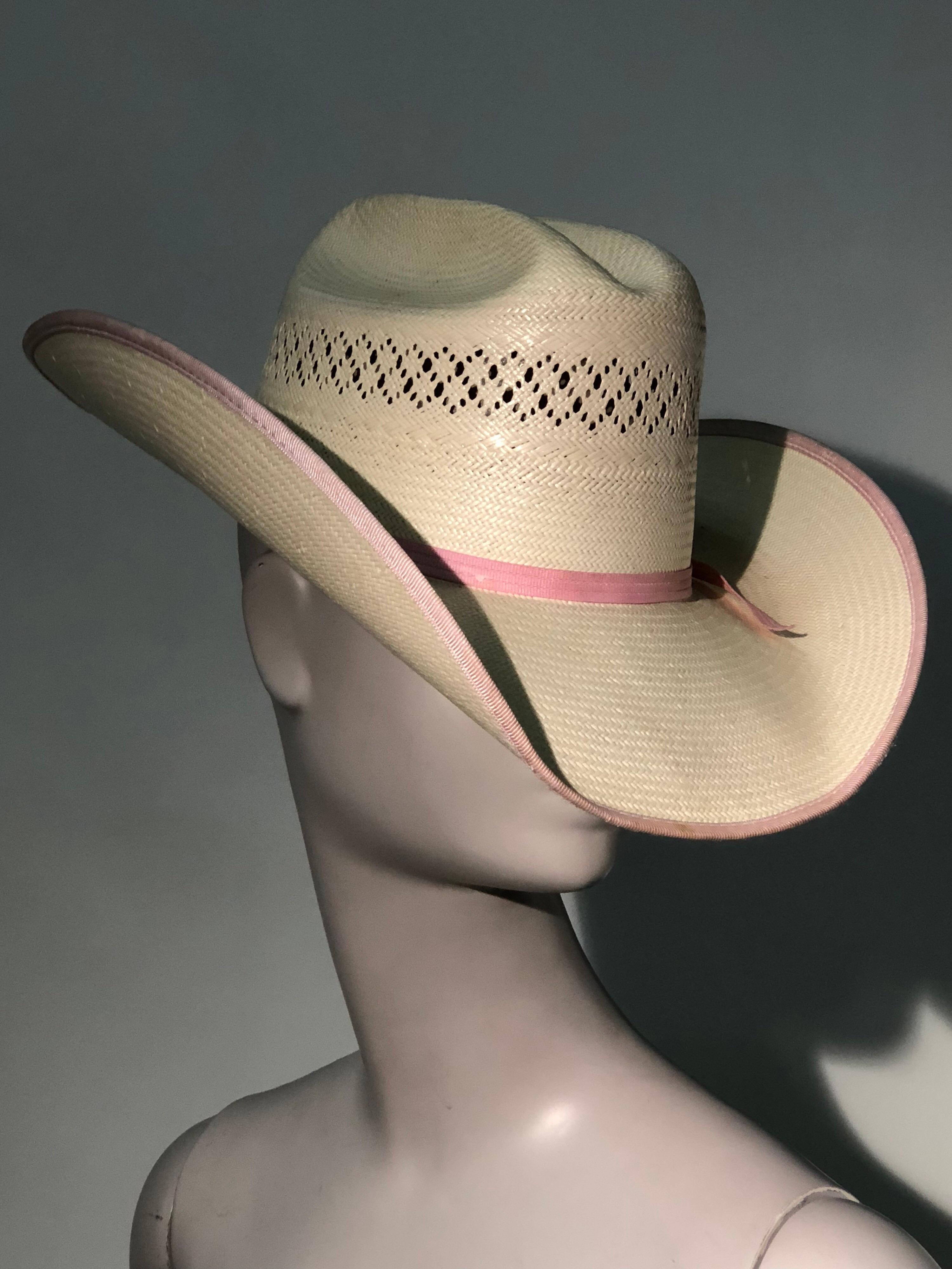 1980s Tony Lama Structured Straw Cowgirl Hat W/ Pink Ribbon Edging & Band For Sale 1