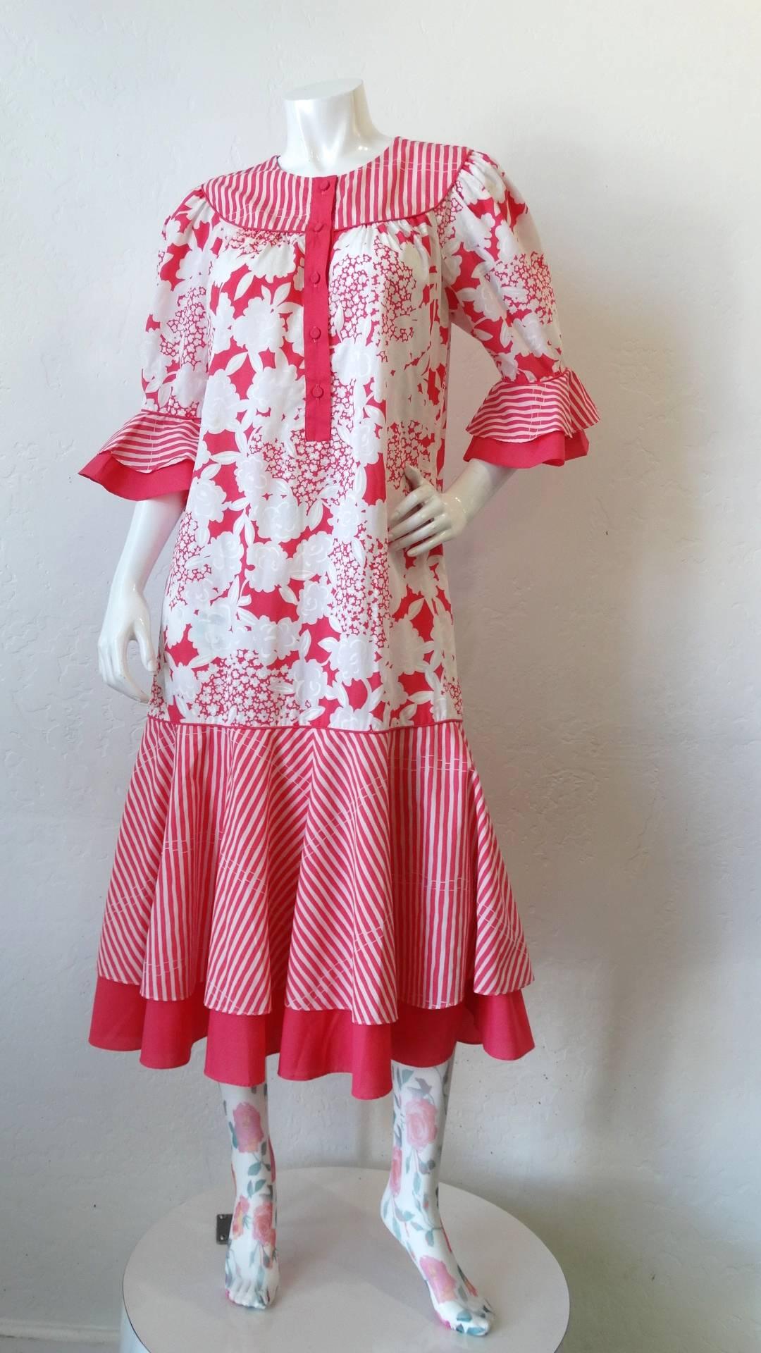 Pink 1980s Tori Richard Floral Stripe Dress For Sale