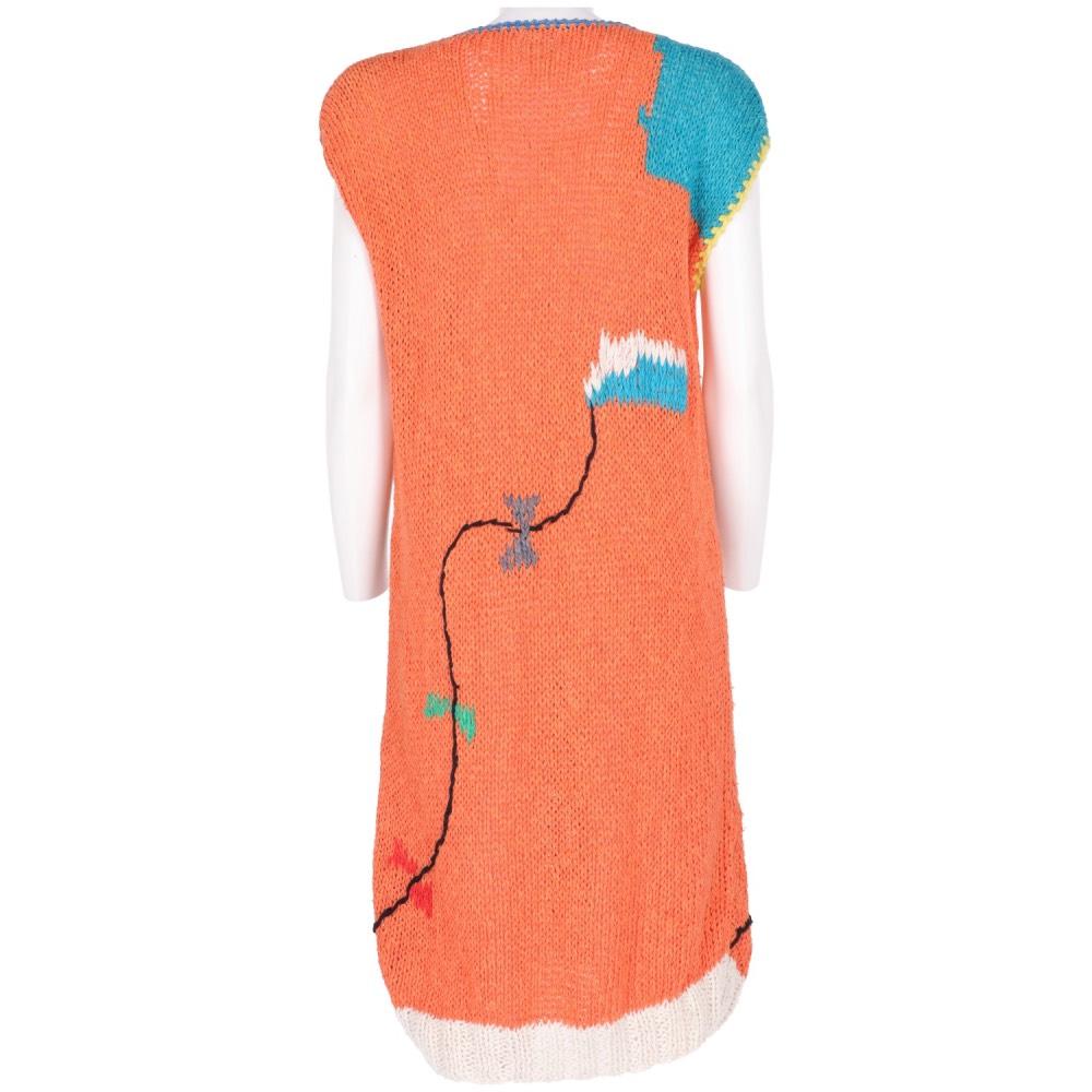 Touche orange linen and cotton knit dress with multicolored embroidery. Round neckline, short sleeves and removable padded shoulder straps

Years: 80s
Made in Italy

Size: M  
Flat measurements 
Height: 105 cm 
Bust: 50 cm 
Shoulders: 56 cm

49%