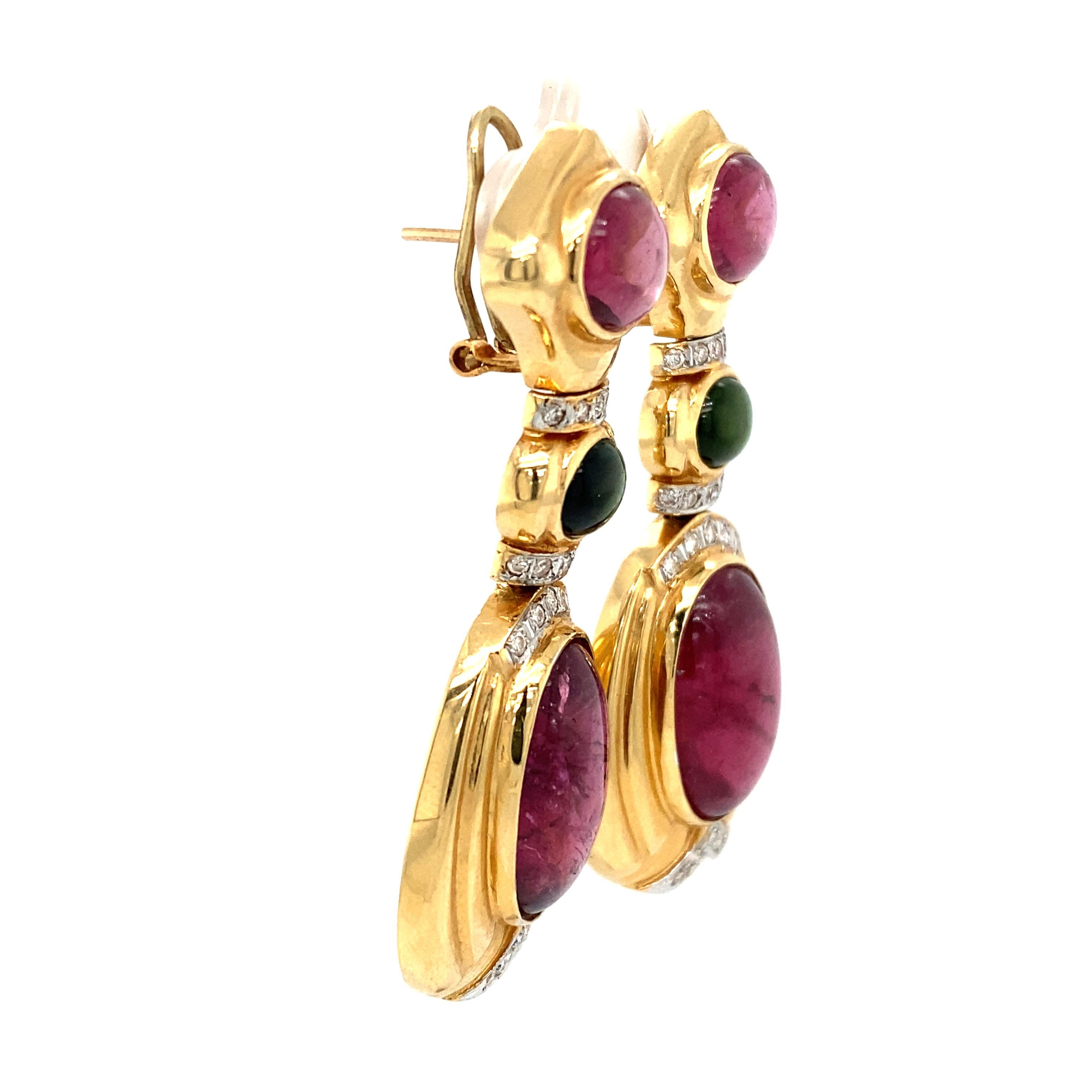 Cabochon 1980s Tourmaline and Diamond Dangle Earrings in 14 Karat Yellow Gold For Sale