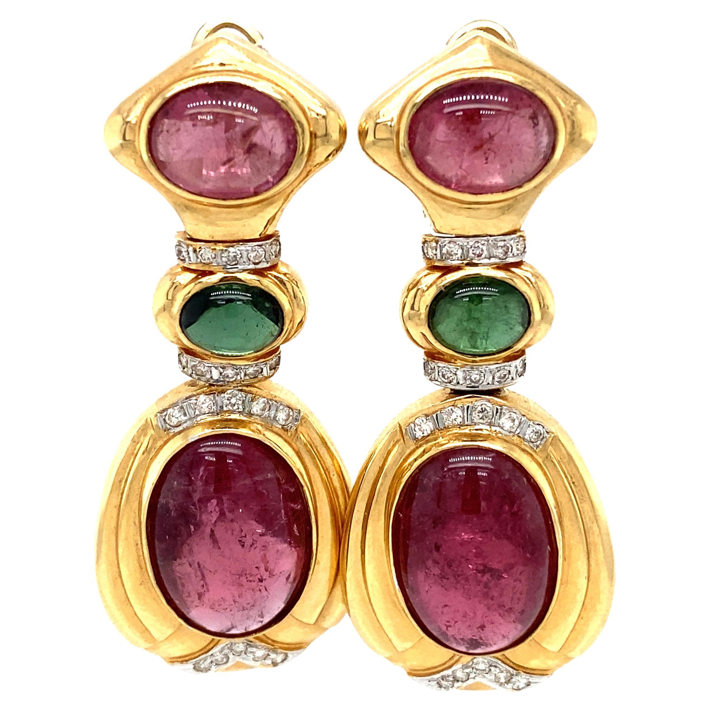1980s Tourmaline and Diamond Dangle Earrings in 14 Karat Yellow Gold For Sale