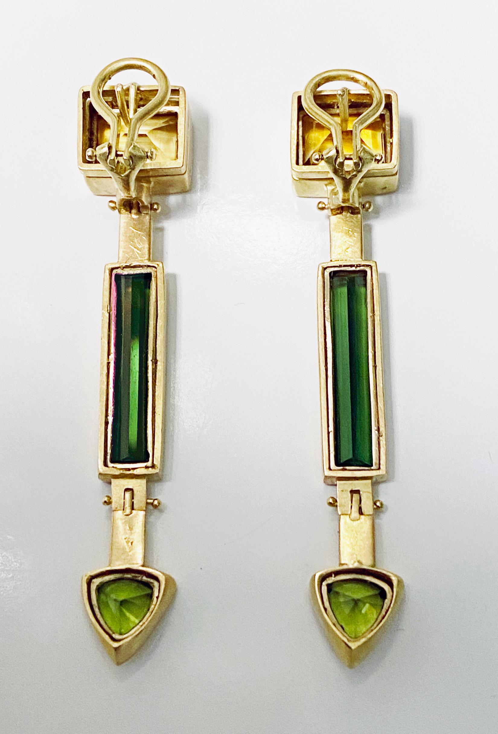 1980’s Tourmaline, Citrine, and Peridot 18K Earrings In Good Condition In Toronto, ON