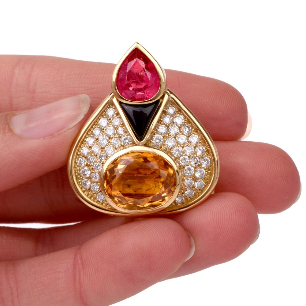 This glamorous pendant is crafted in solid 18K yellow gold, with a bright finish, and features a sliding design with an enhancer wide bail necklace. It is adorned with 1 genuine pear cut pink Tourmaline of approx: 3.75 carats, bezel set, and 1
