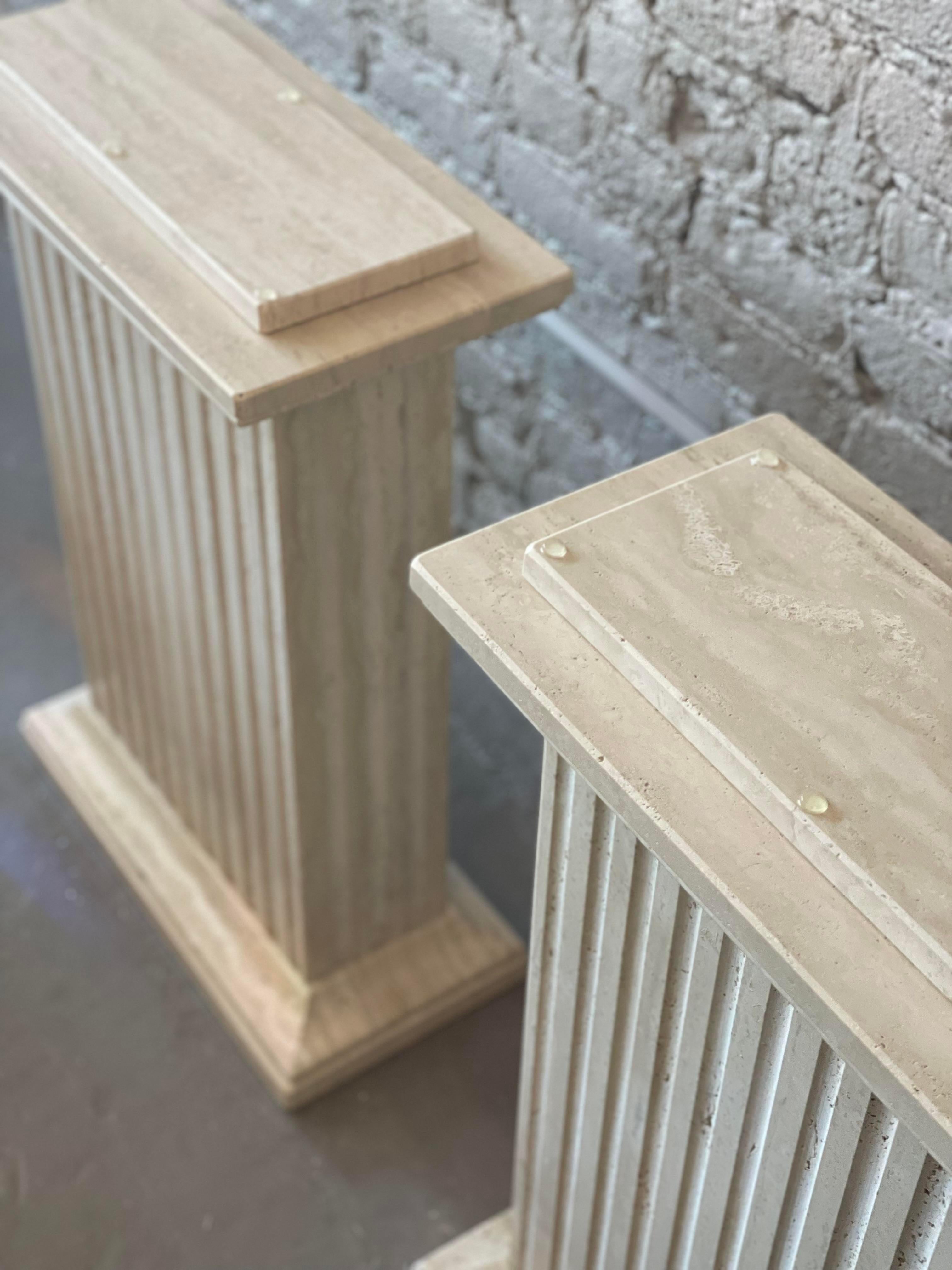 1980s Travertine Channeled Pedestals, a Pair In Good Condition In Chicago, IL