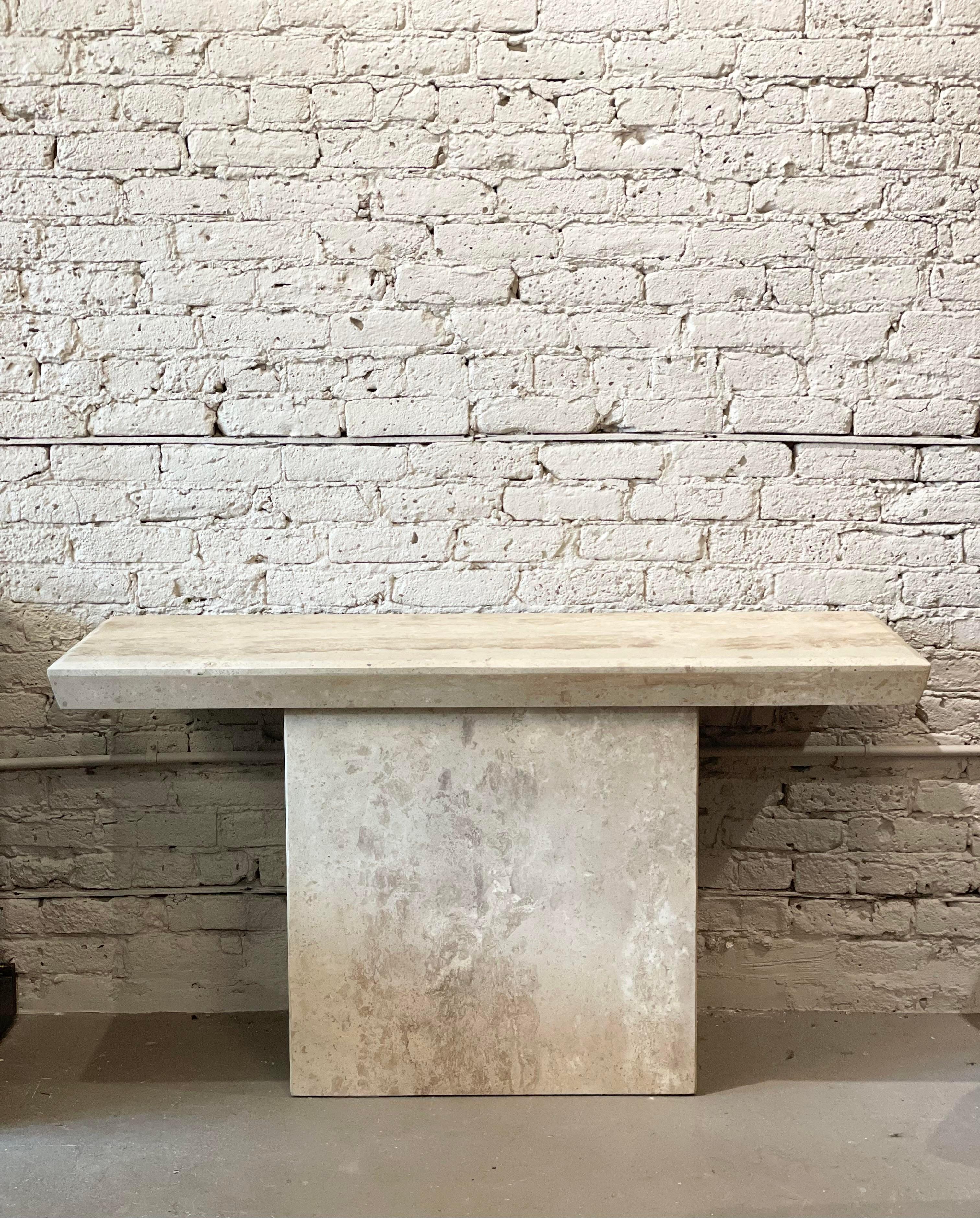 1980s Travertine Postmodern Vintage Angled Edge Console Sofa Table For Sale 8