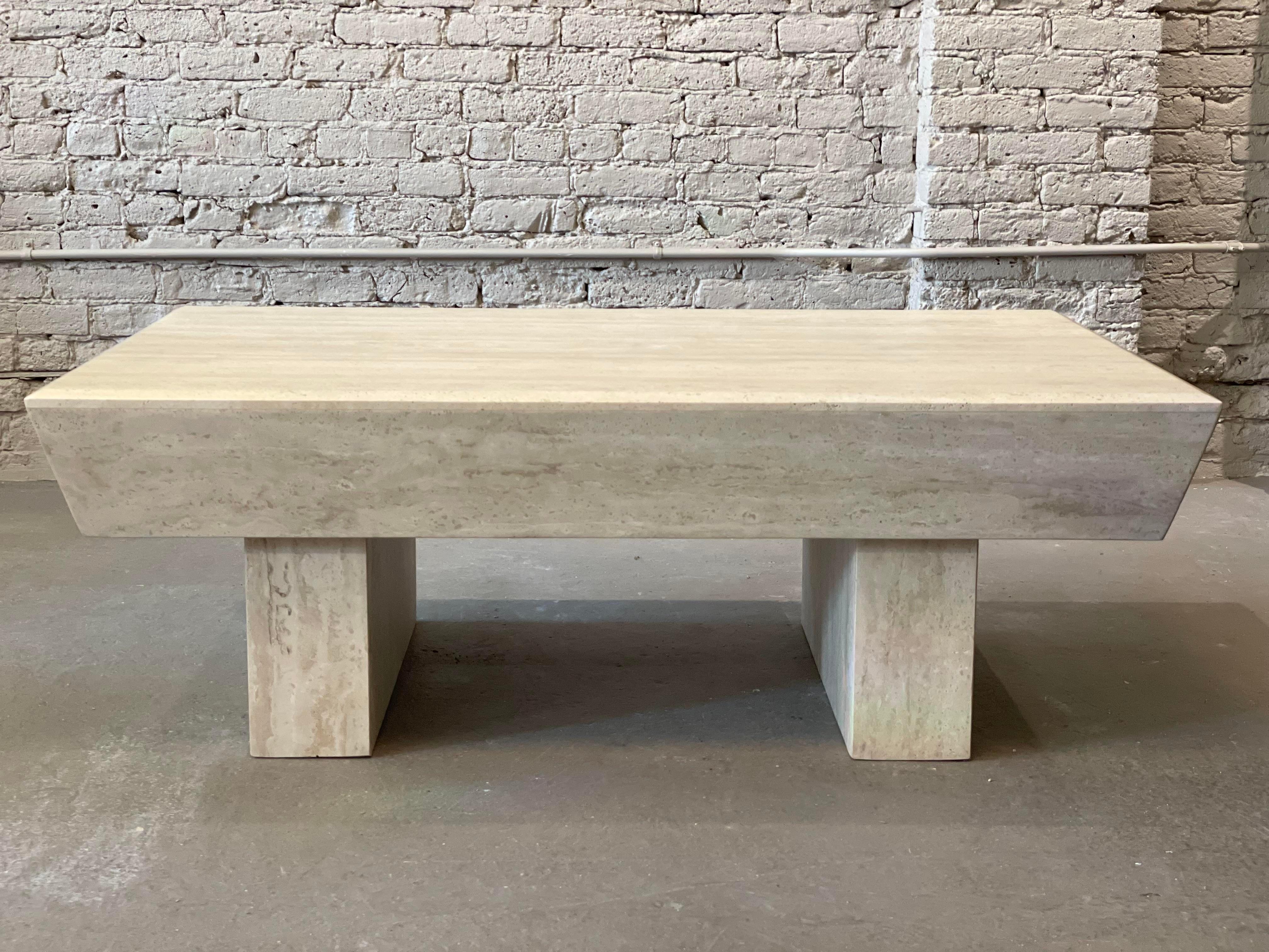 1980s Travertine Postmodern Vintage Coffee Table with Angled Edge For Sale 4