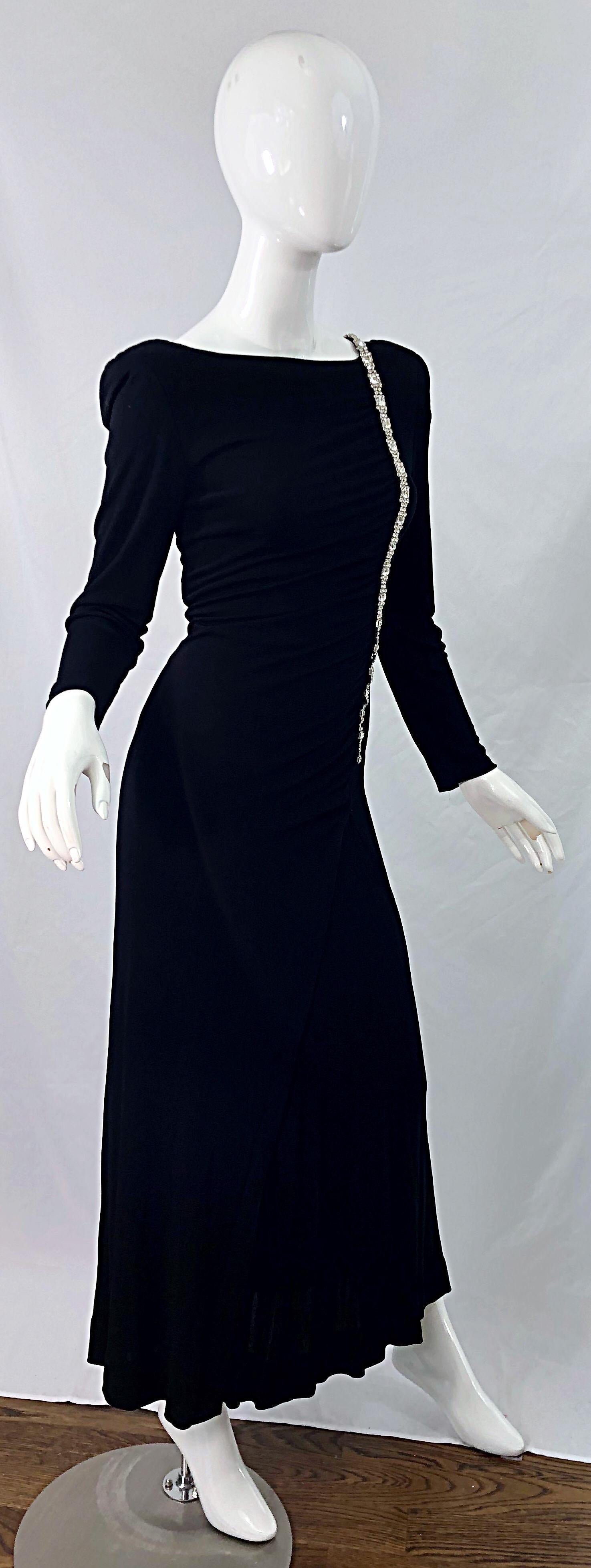 1980s Travilla Size 10 Black Matte Silk Jersey Rhinestone Vintage 80s Gown Dress For Sale 3