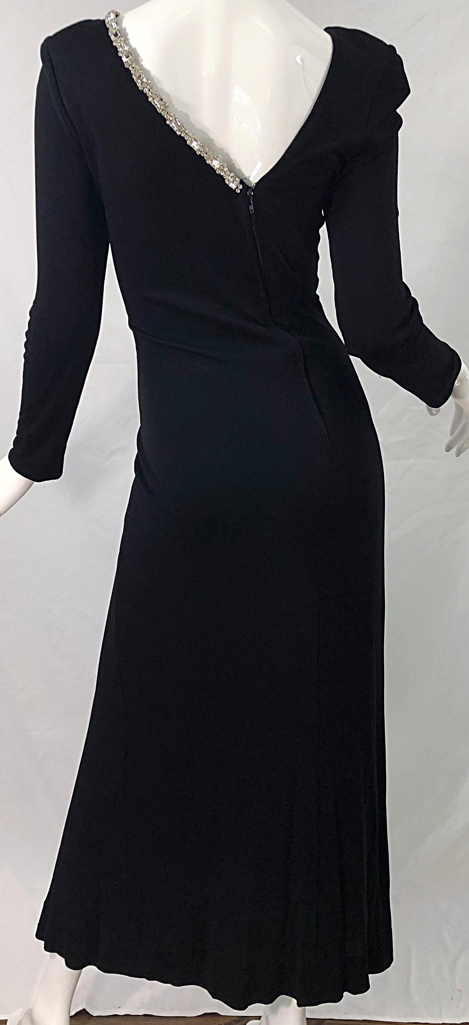 1980s Travilla Size 10 Black Matte Silk Jersey Rhinestone Vintage 80s Gown Dress For Sale 4