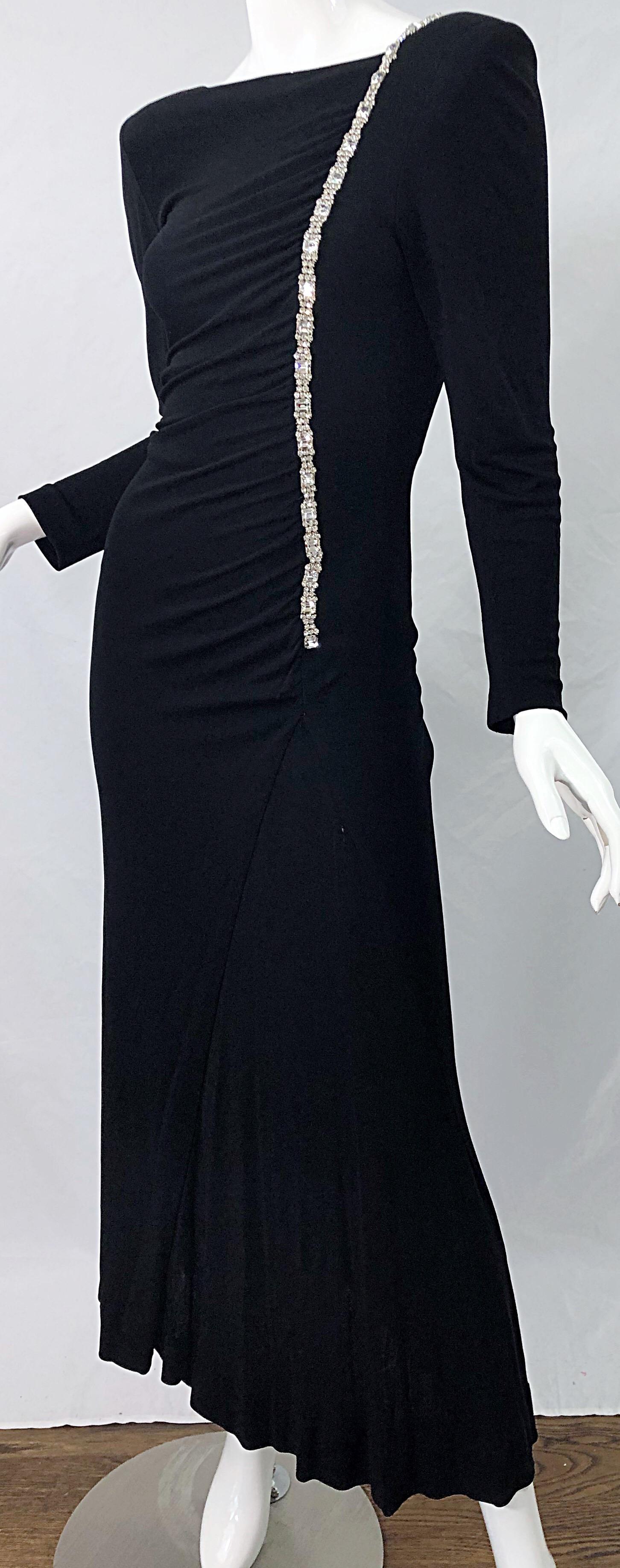 1980s Travilla Size 10 Black Matte Silk Jersey Rhinestone Vintage 80s Gown Dress For Sale 5