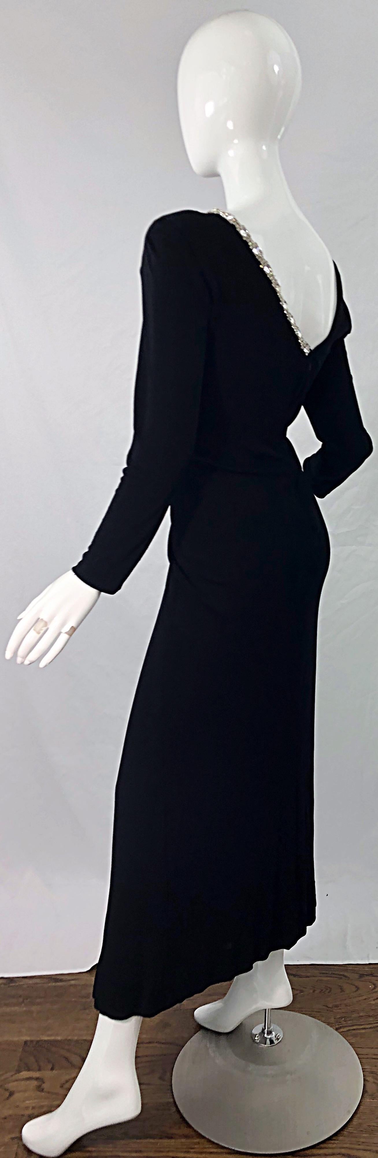 1980s Travilla Size 10 Black Matte Silk Jersey Rhinestone Vintage 80s Gown Dress For Sale 6