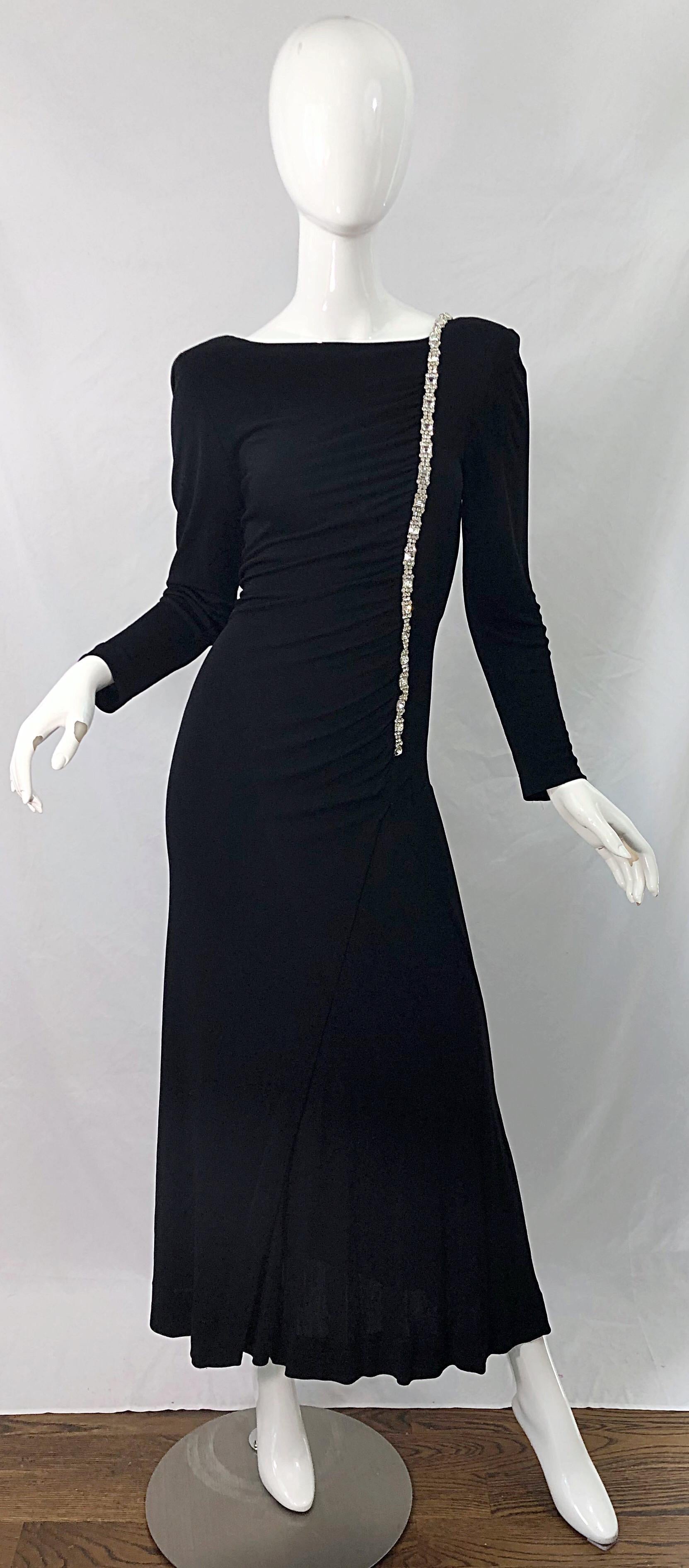 1980s Travilla Size 10 Black Matte Silk Jersey Rhinestone Vintage 80s Gown Dress For Sale 7