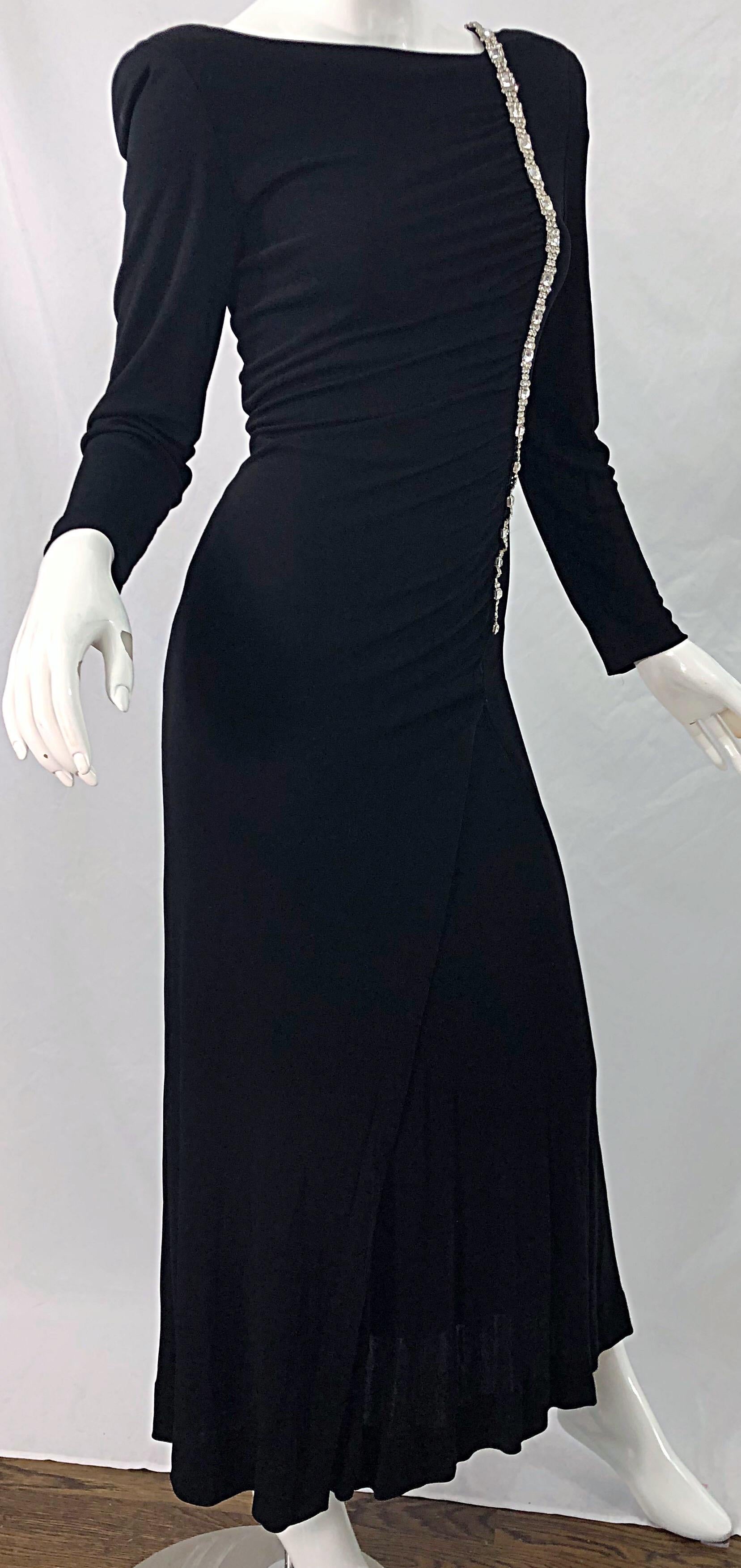 1980s Travilla Size 10 Black Matte Silk Jersey Rhinestone Vintage 80s Gown Dress In Excellent Condition For Sale In San Diego, CA