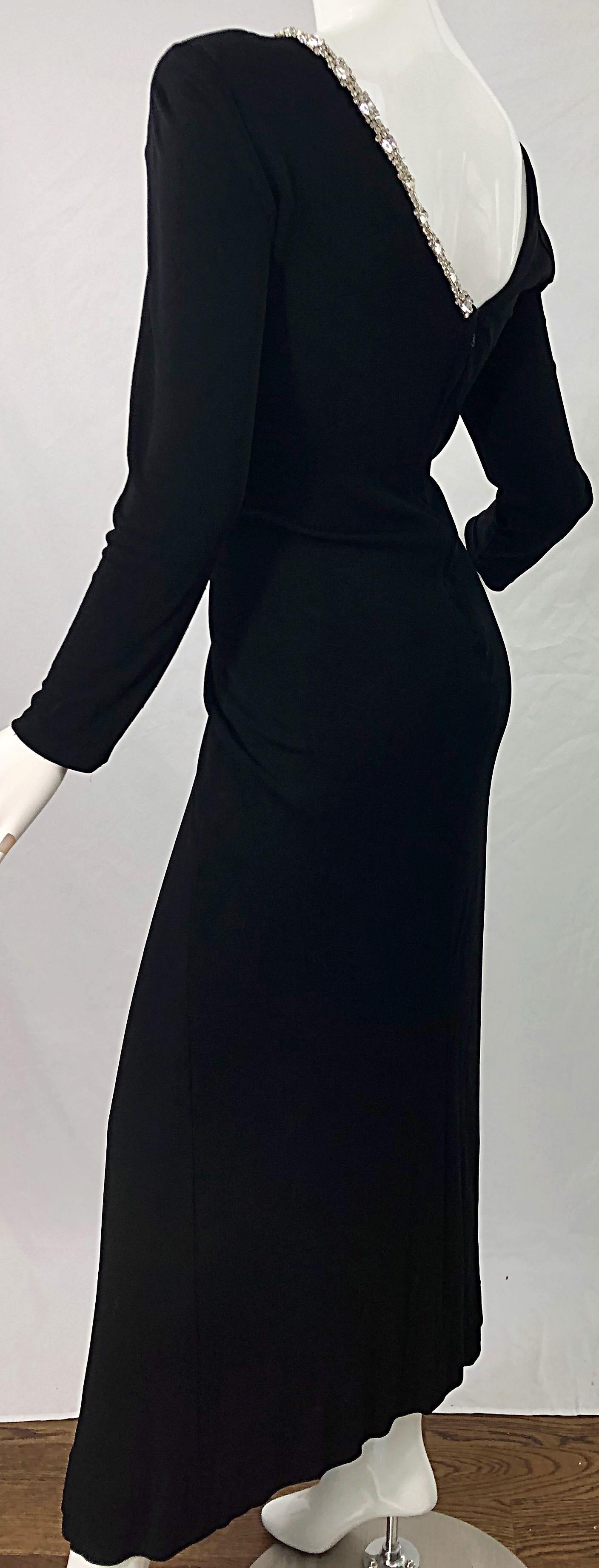 1980s Travilla Size 10 Black Matte Silk Jersey Rhinestone Vintage 80s Gown Dress For Sale 2