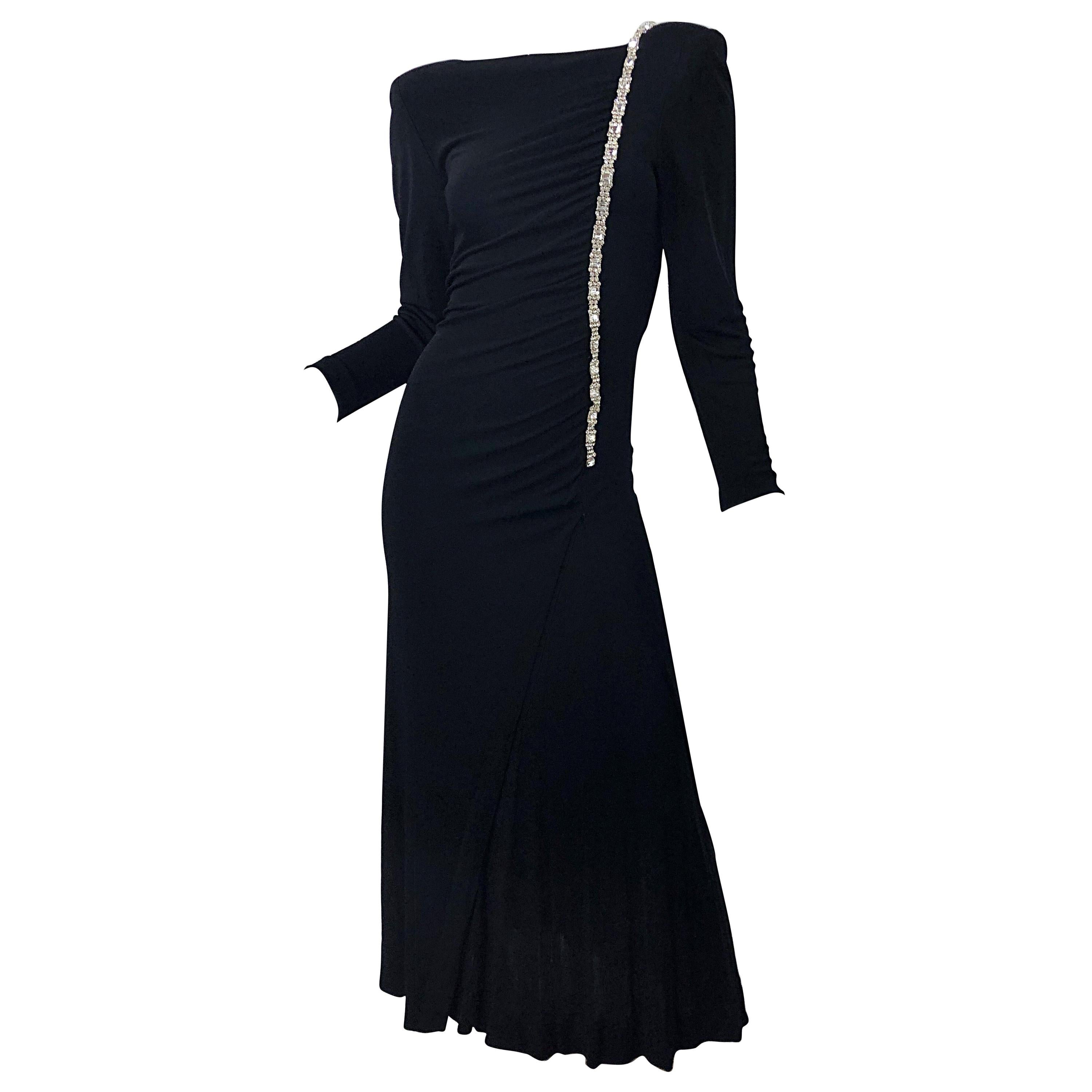 1980s Travilla Size 10 Black Matte Silk Jersey Rhinestone Vintage 80s Gown Dress For Sale