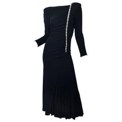 1980s Travilla Size 10 Black Matte Silk Jersey Rhinestone Vintage 80s Gown Dress