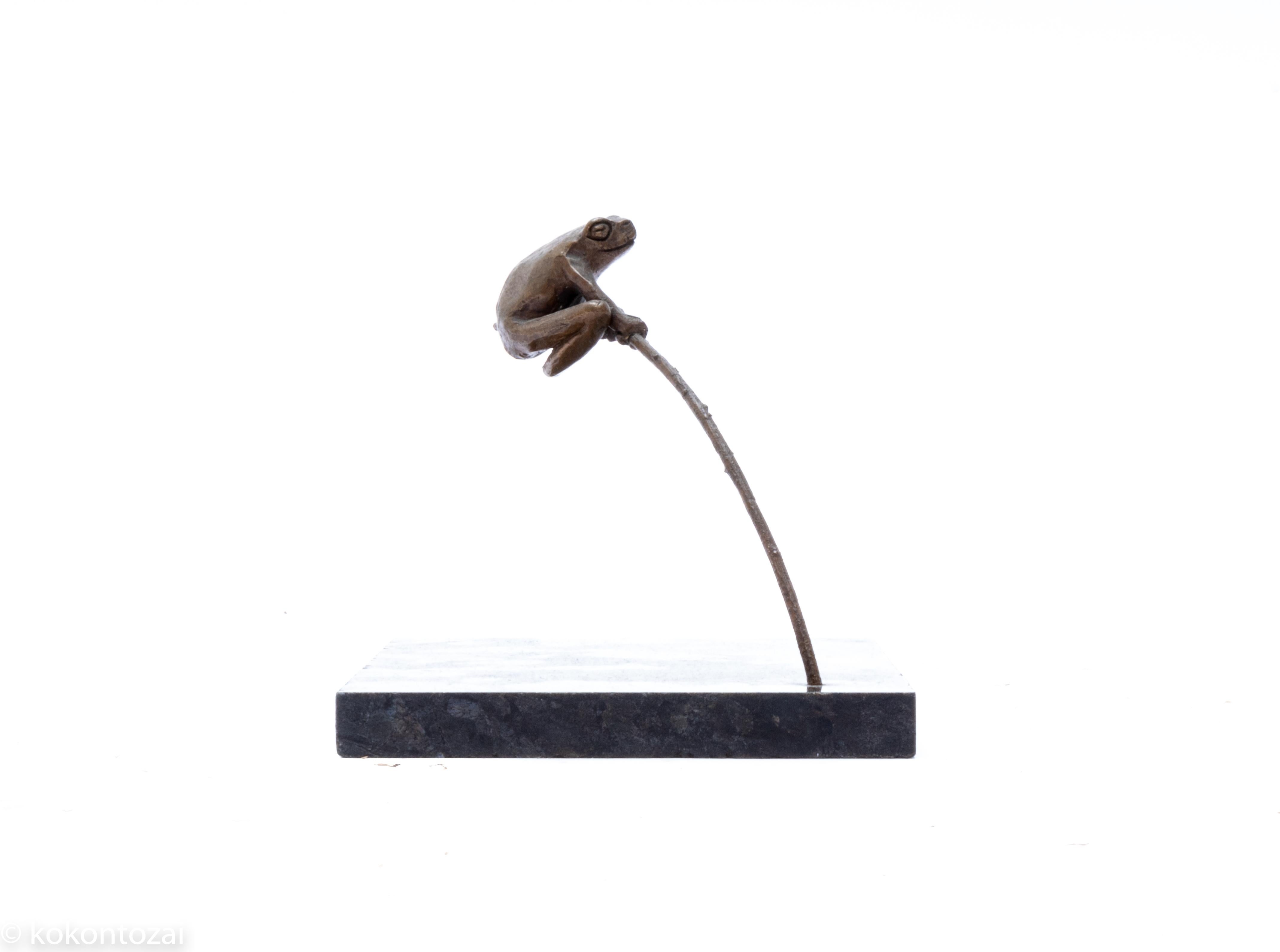 Simple frog sculpture made in bronze and marble by Judy Boot Bakker, believed to be made in the time period of 1980s. She taught craft, design and technology subjects in Hertfordshire comprehensive school. Continued in portrait sculpture and wood