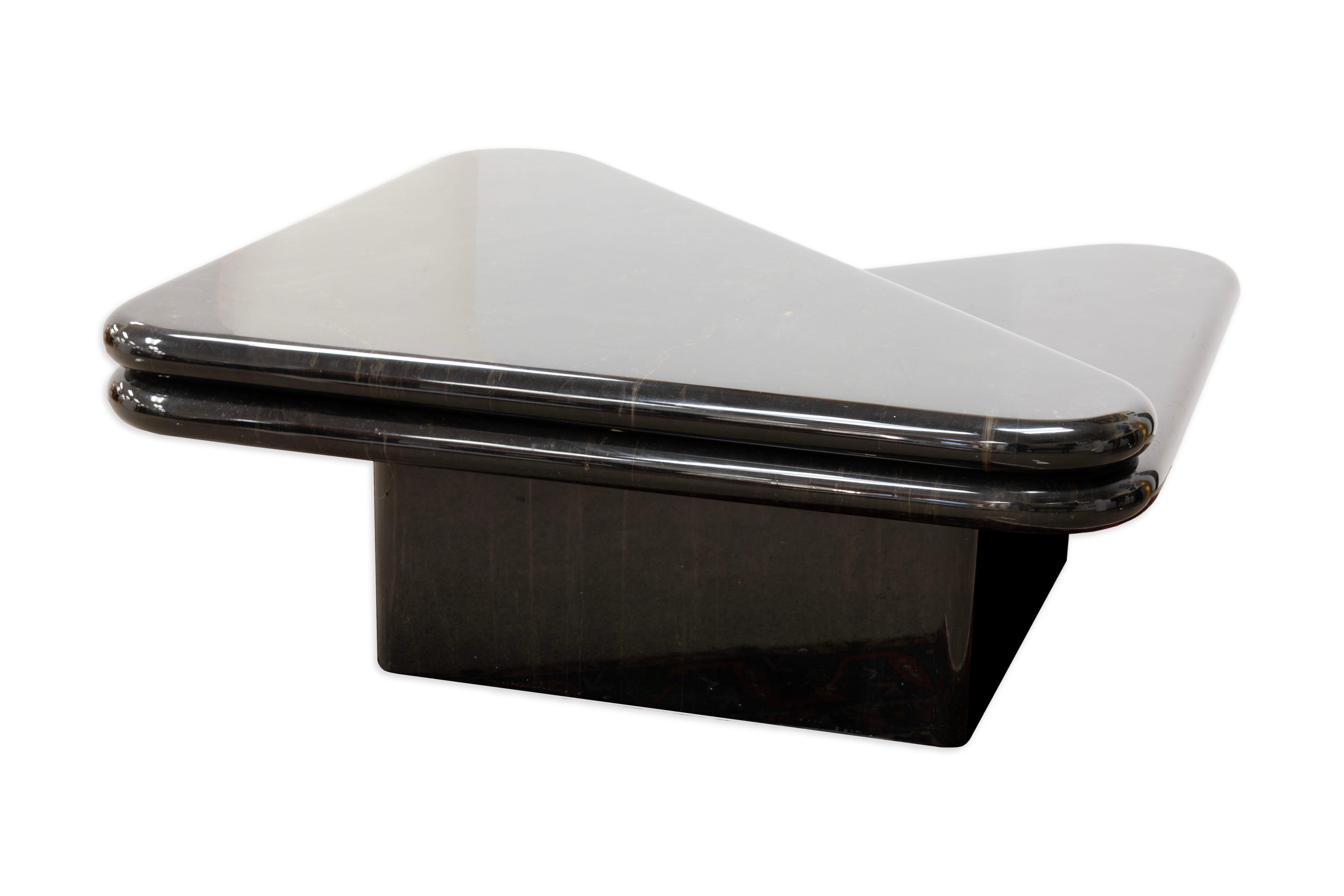 Modern 1980s Triangular Black Faux Marble Swivel Coffee Table For Sale