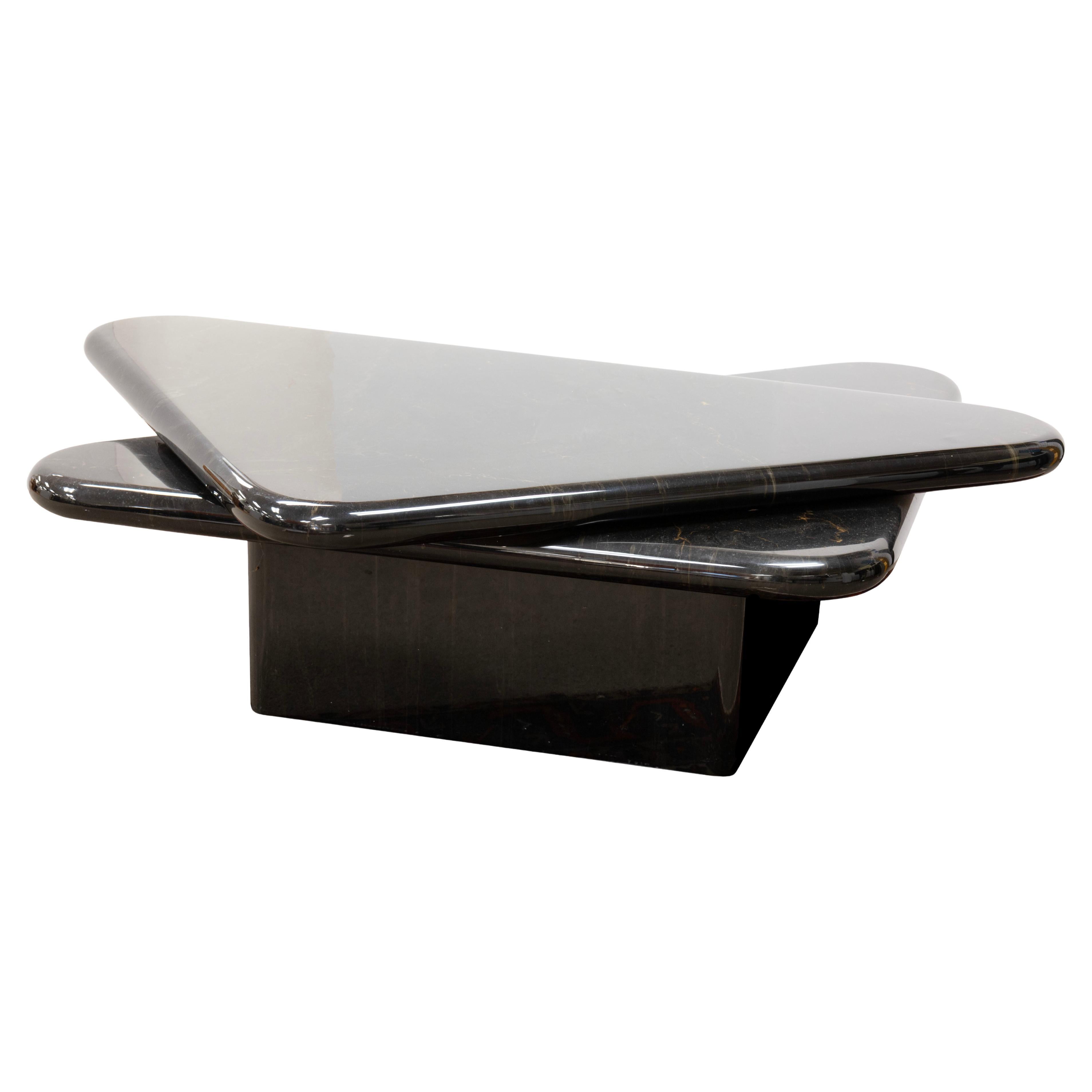 1980s Triangular Black Faux Marble Swivel Coffee Table For Sale