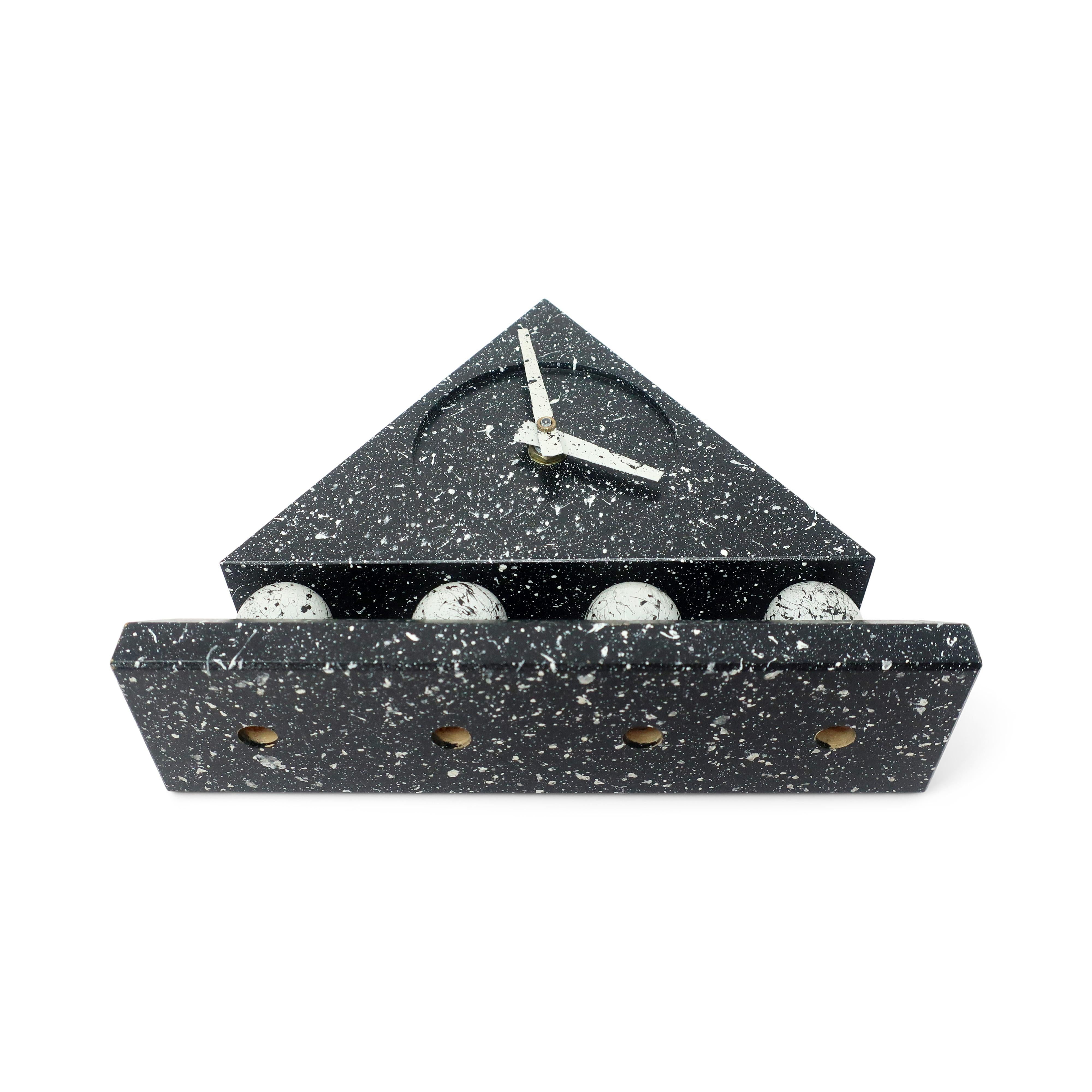 Wood 1980s Triangular Black Splatter Paint Desk Clock For Sale
