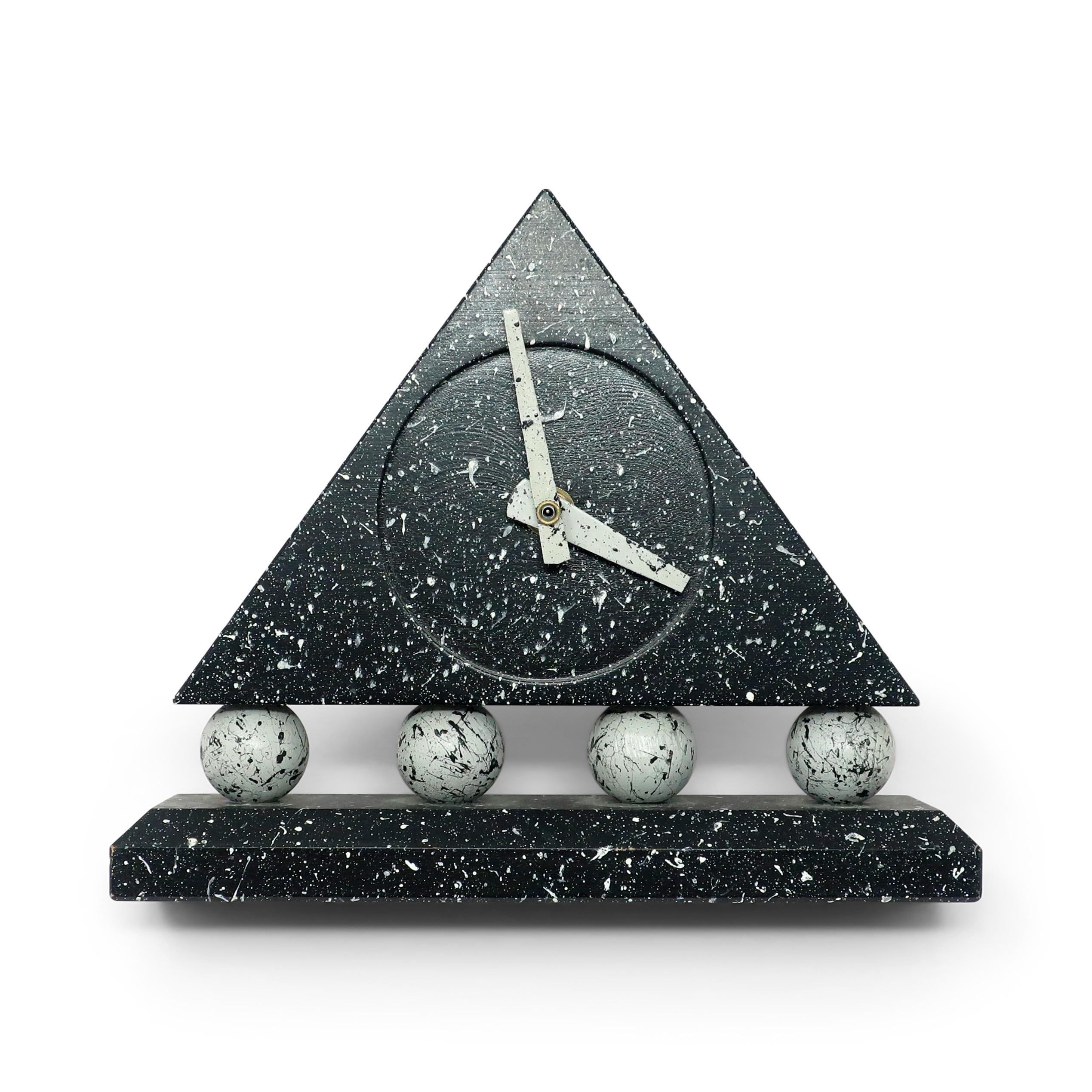 1980s Triangular Black Splatter Paint Desk Clock For Sale 1