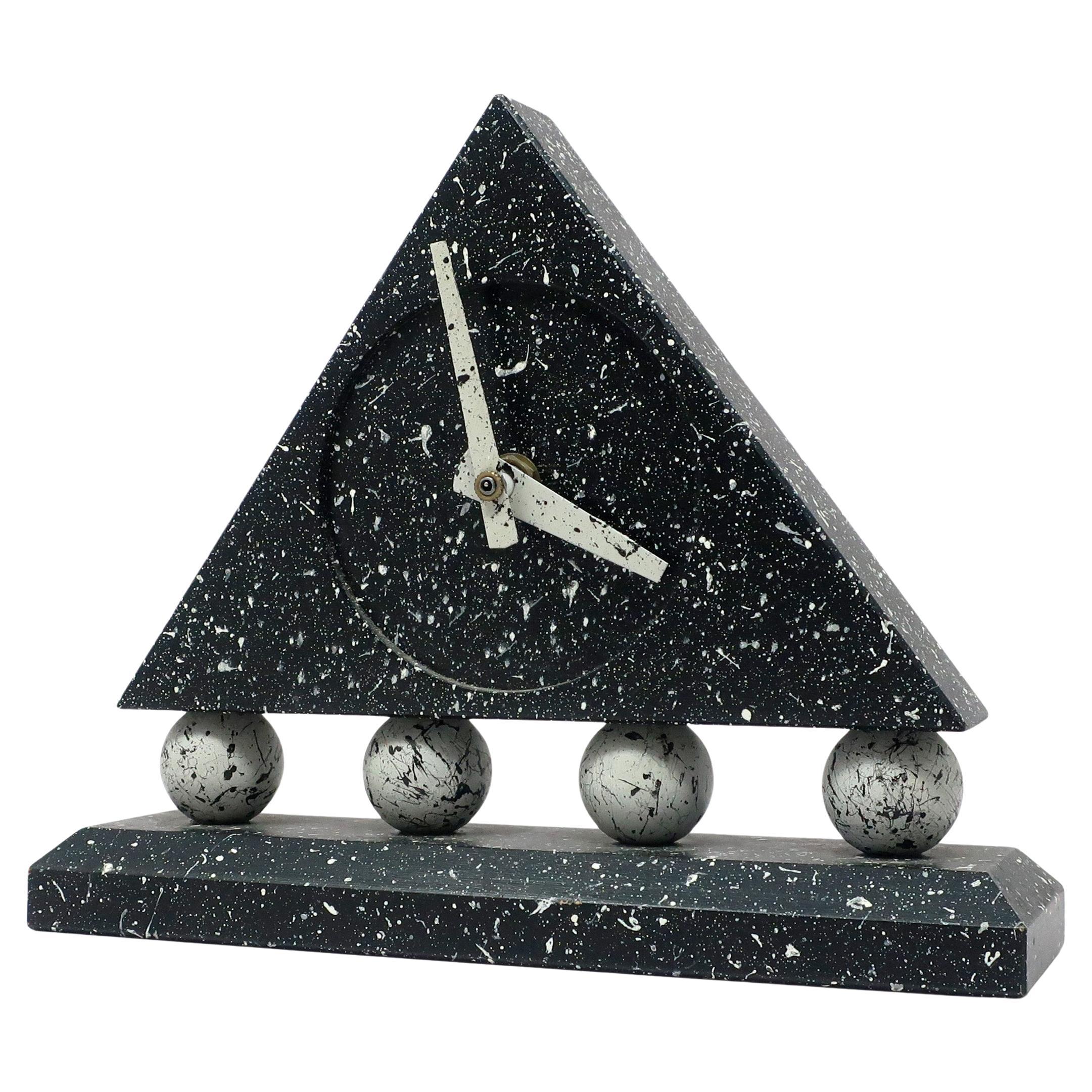 1980s Triangular Black Splatter Paint Desk Clock For Sale