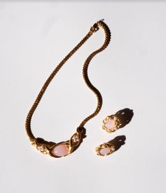 1980s Trifari Earrings Gold Plate with Pearls and Pink Glass