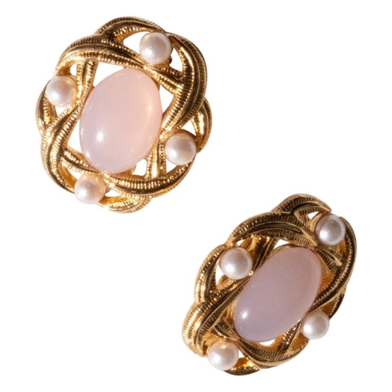 1980s Trifari Earrings Gold Plate with Pearls and Pink Glass For Sale
