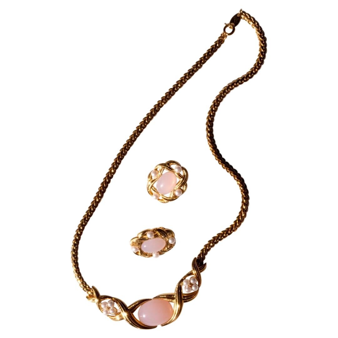 1980s Trifari Necklace in Gold Plate with Pearls and Pink Glass For Sale