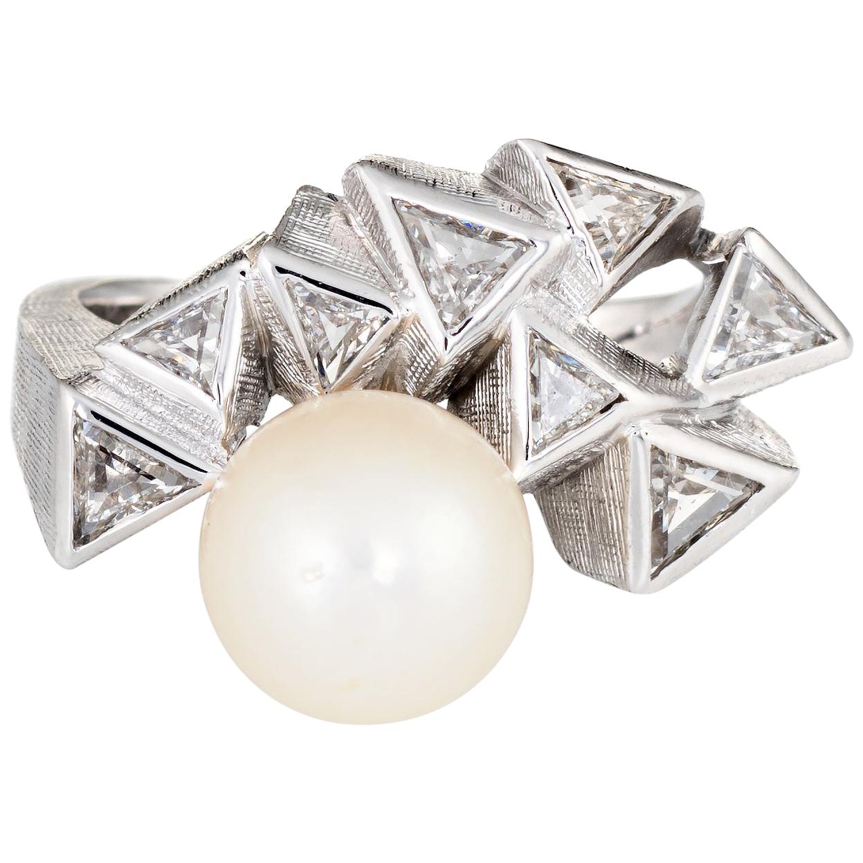 1980s Trillion Diamond Cultured Pearl Ring 14 Karat White Gold Estate Fine