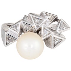 Antique 1980s Trillion Diamond Cultured Pearl Ring 14 Karat White Gold Estate Fine