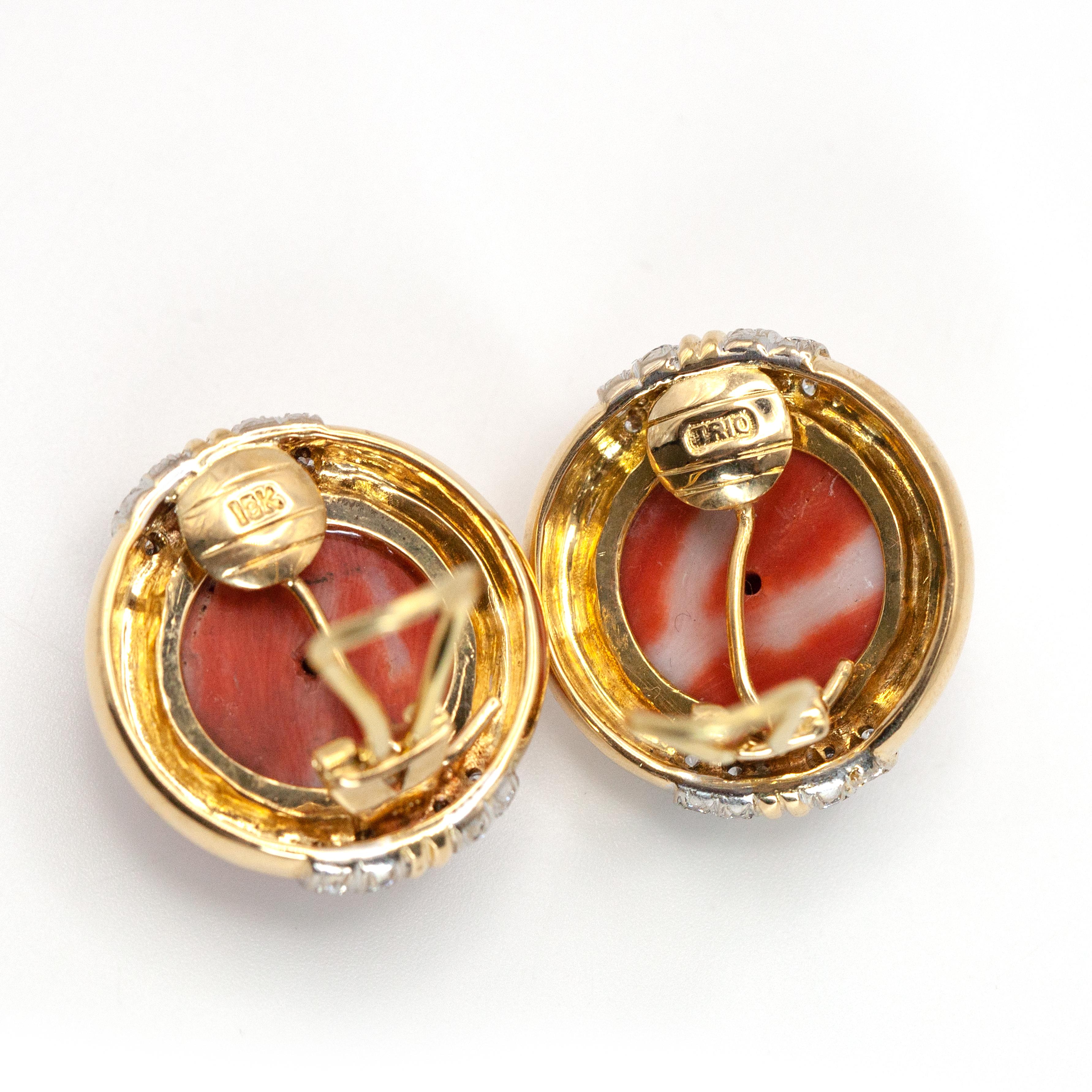 Pendientes de clip de coral con diamantes YG 18K Trío de los años 80 1