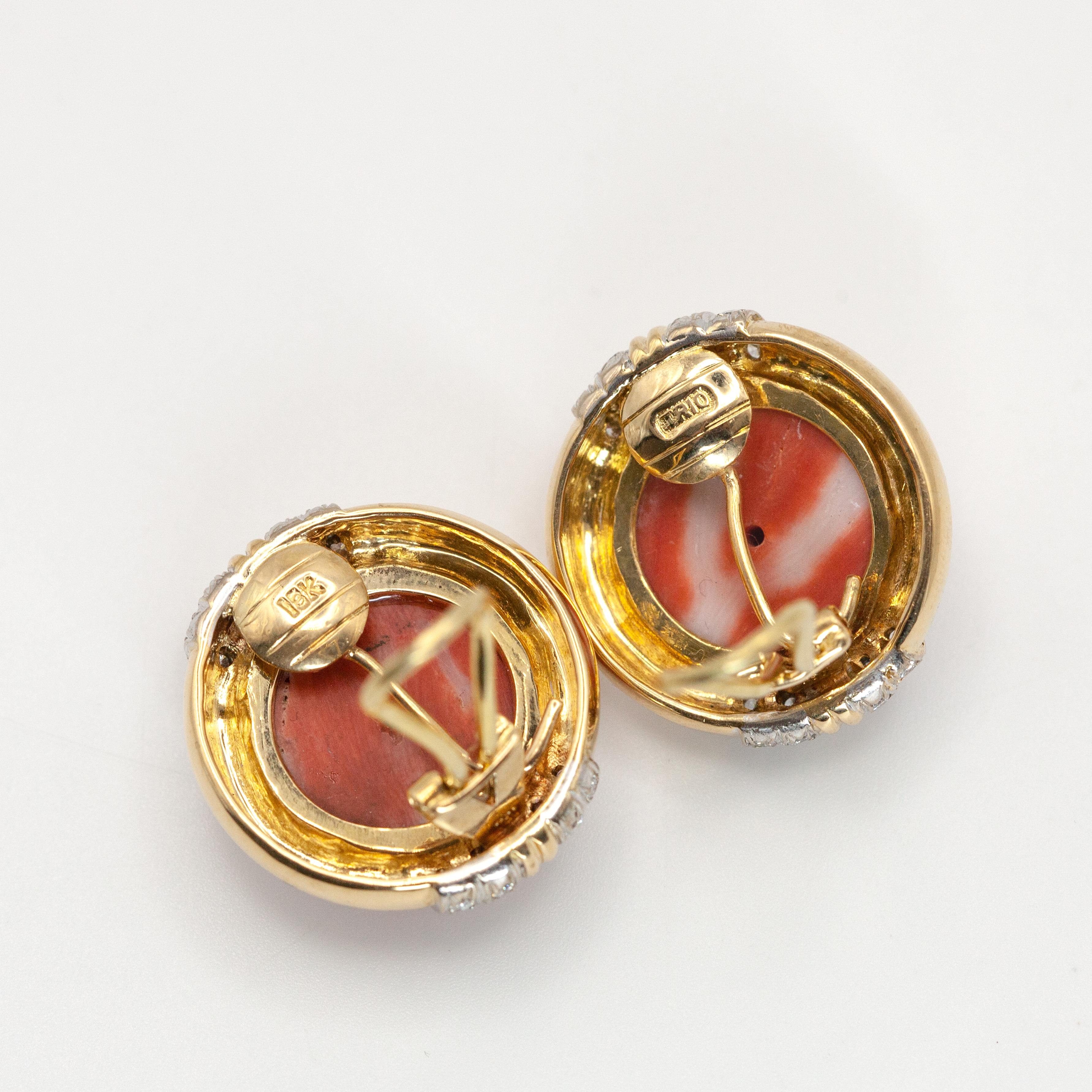 Pendientes de clip de coral con diamantes YG 18K Trío de los años 80 2