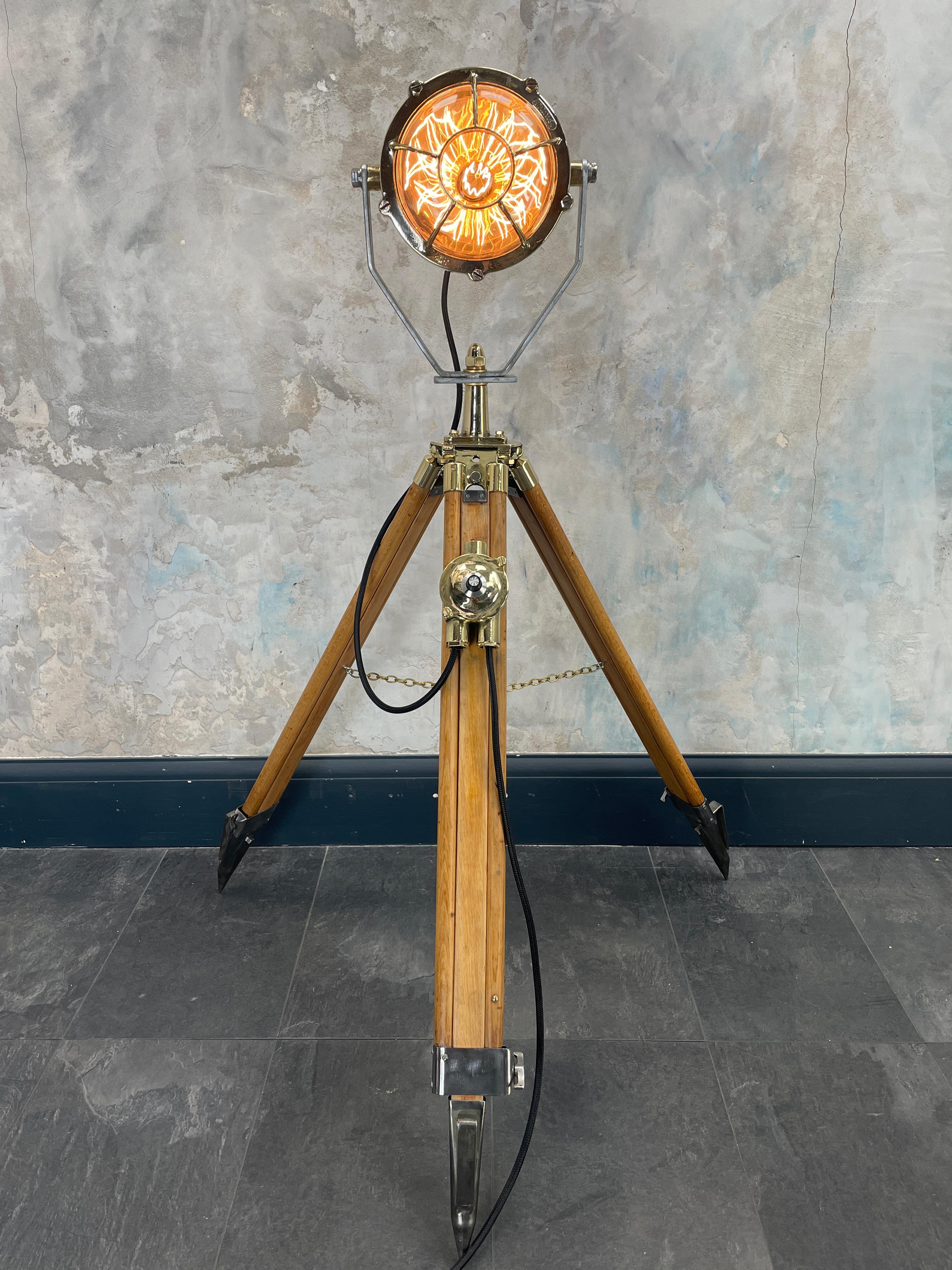 Industrial 1980's Tripod Lamp, Spanish Brass Mateo Miletich Projector & British Tripod For Sale