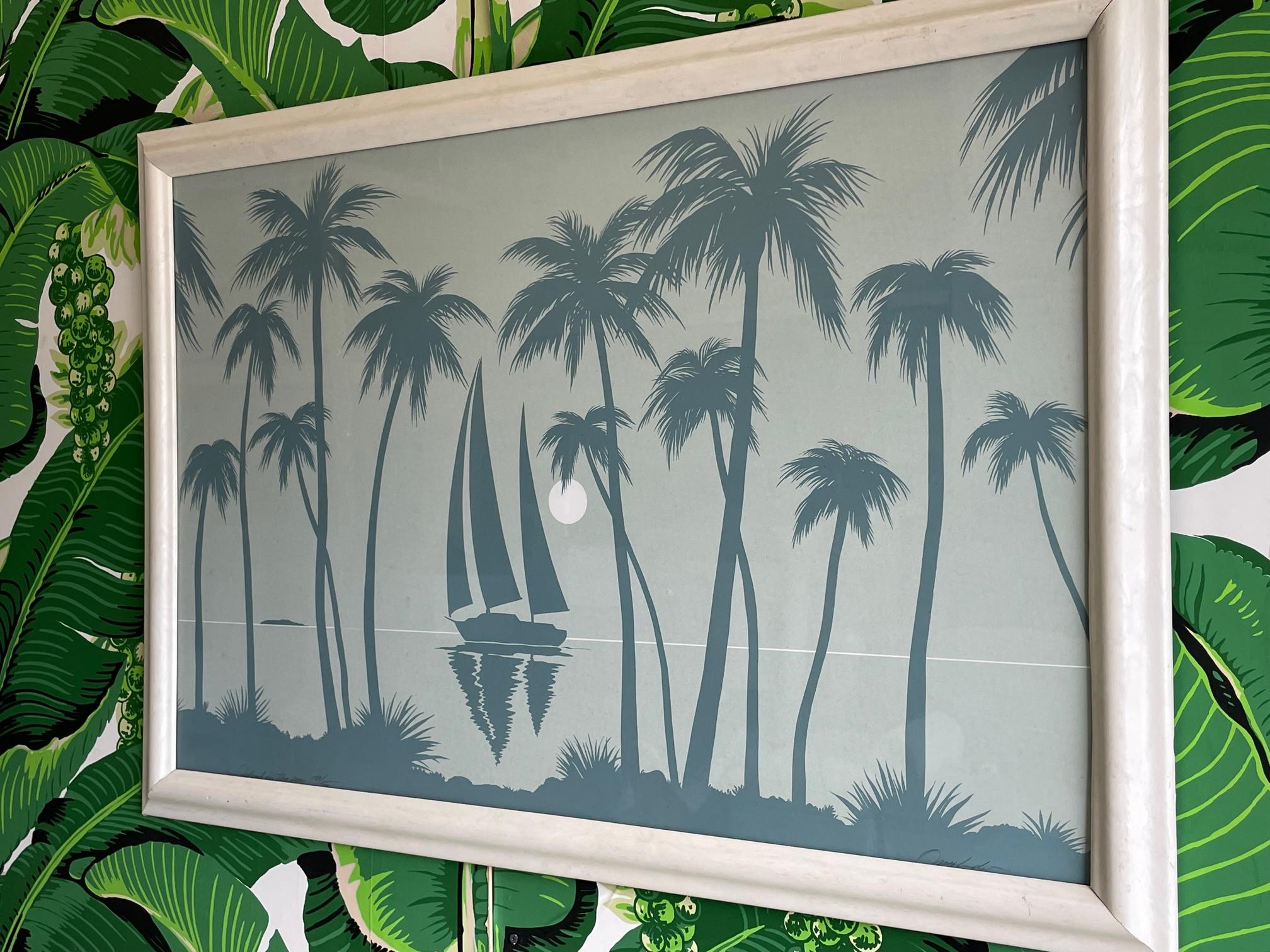Hollywood Regency Impression encadrée d'une scène de palmier tropicale des années 1980 en vente