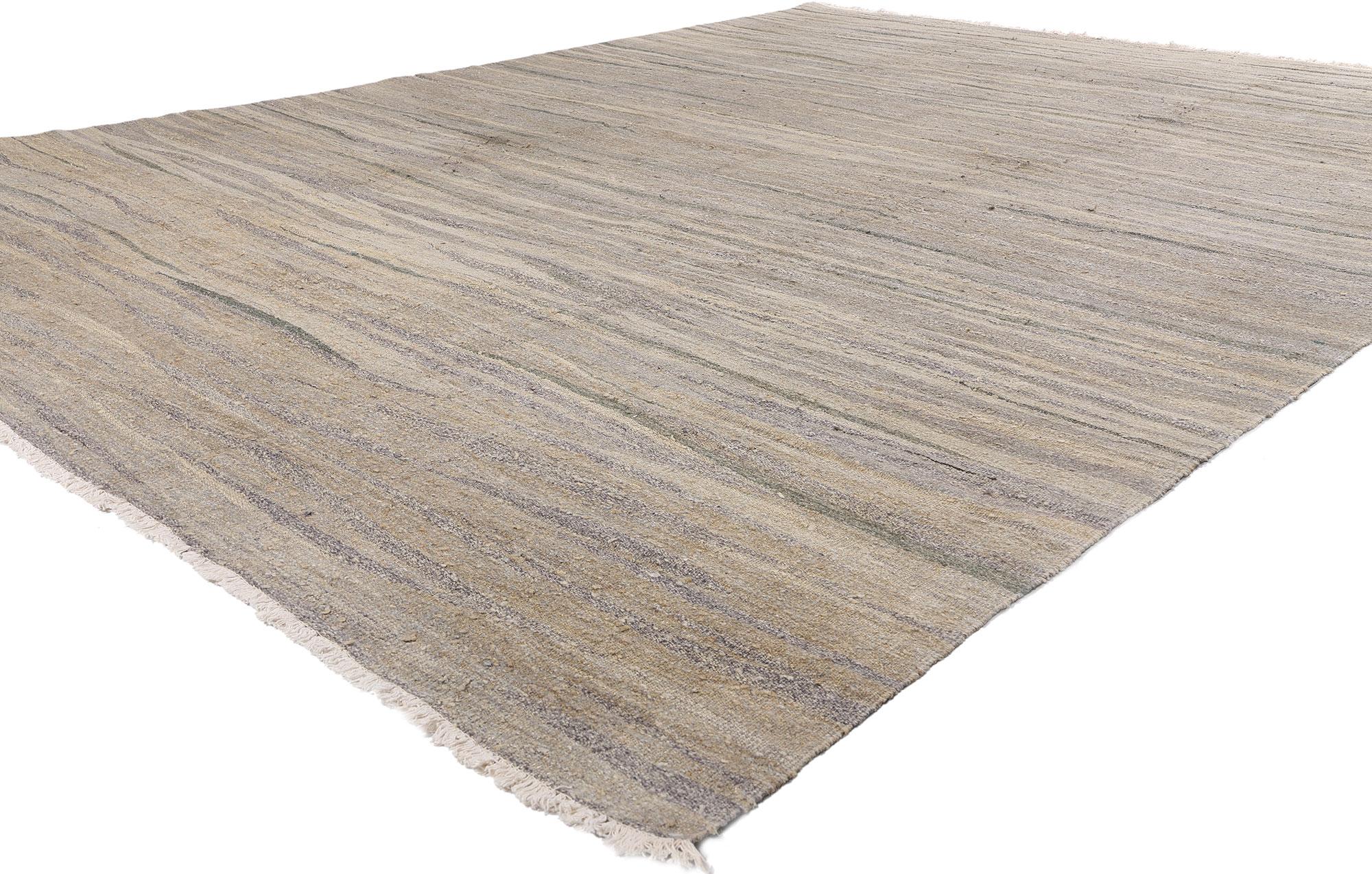 52763 Vintage Turkish Kilim Area Rug, 10'01 x 13'07. This poetic handwoven wool vintage Turkish kilim rug is a quiet ode to the fluid language of nature, where each horizontal line speaks in whispers of wind, water, and the slow breath of the earth.