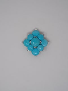 1980s Turquoise Cabochon Diamond White Gold Statement Brooch