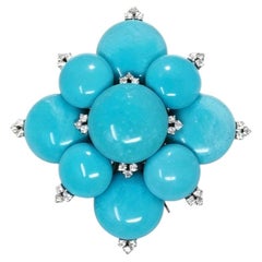 1980s Turquoise Cabochon Diamond White Gold Statement Brooch